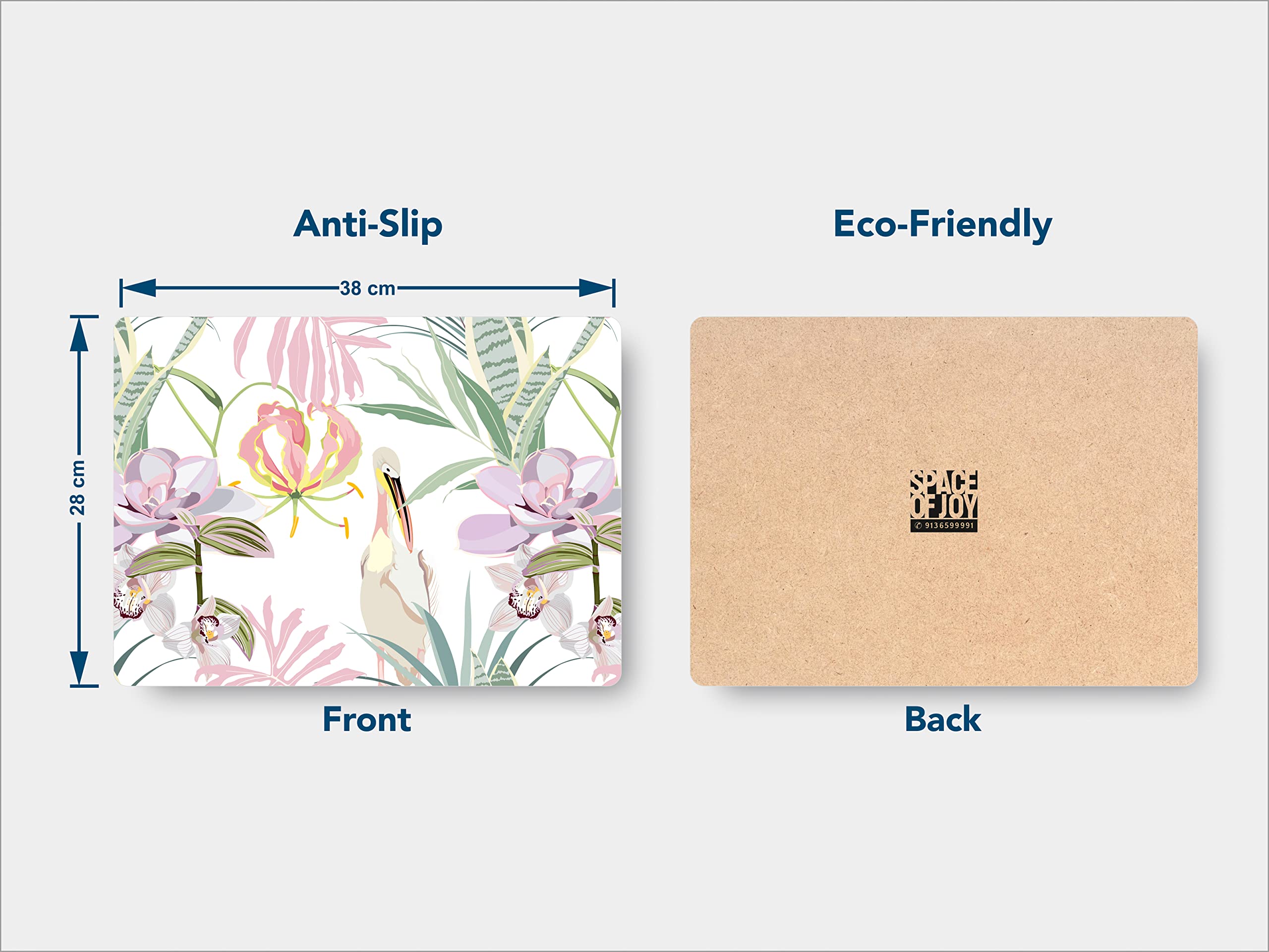 Space of Joy Hand Drawn Pelican Design Premium Printed MDF Wooden Dining Tablemat, Heat/Water Resistant Rectangular Placemats Set of 6 Pieces Multicolour 2