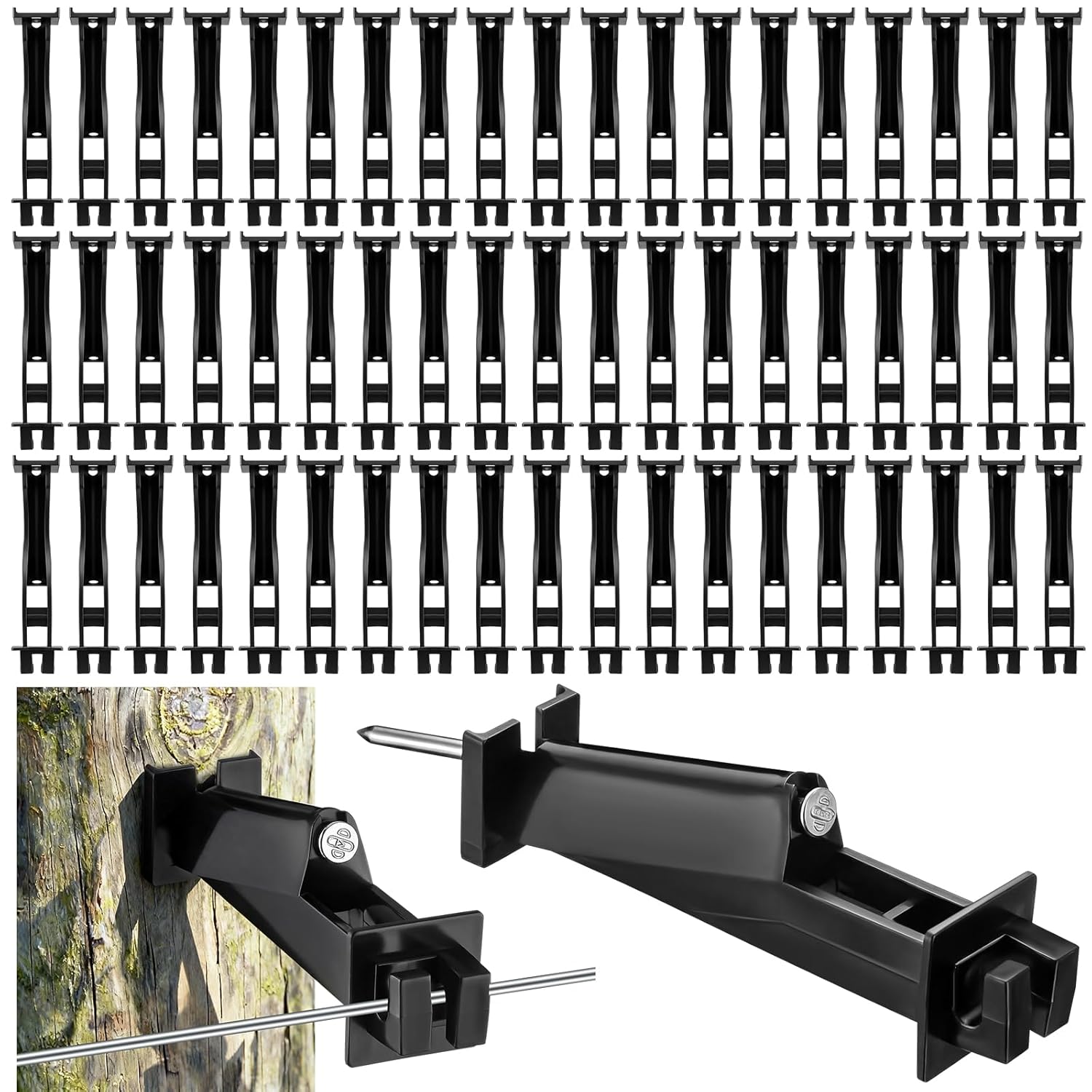 Joyfolk 100 Pack Black Electric Fence Insulators with 5" Slant Nails - Heavy Duty Weatherproof Nail-On for T-Posts, Livestock, Pet Fencing