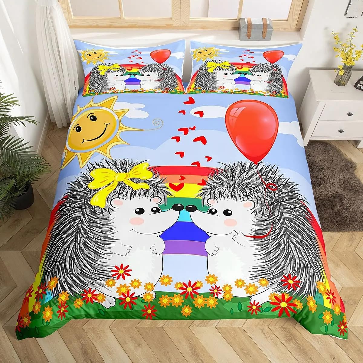 QBIDCSX Bedding Sets Single Grey hedgehog Bedding Sets Single Koala Duvet Cover 200x200cm with Zipper Closure, Hypoallergenic Quilt Cover with 2 Pillowcase for Boys Kids Girls