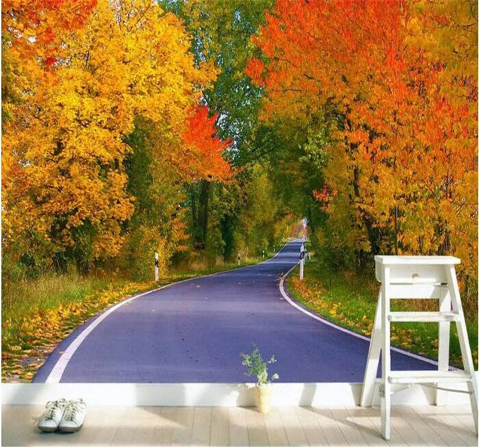 Beautiful Autumn Red Maple Leaves Road Scenery 3D Wallpaper Easy Install Feature Office Living Room Sofa Bedroom TV Background Wall Decoration-250cm×170cm