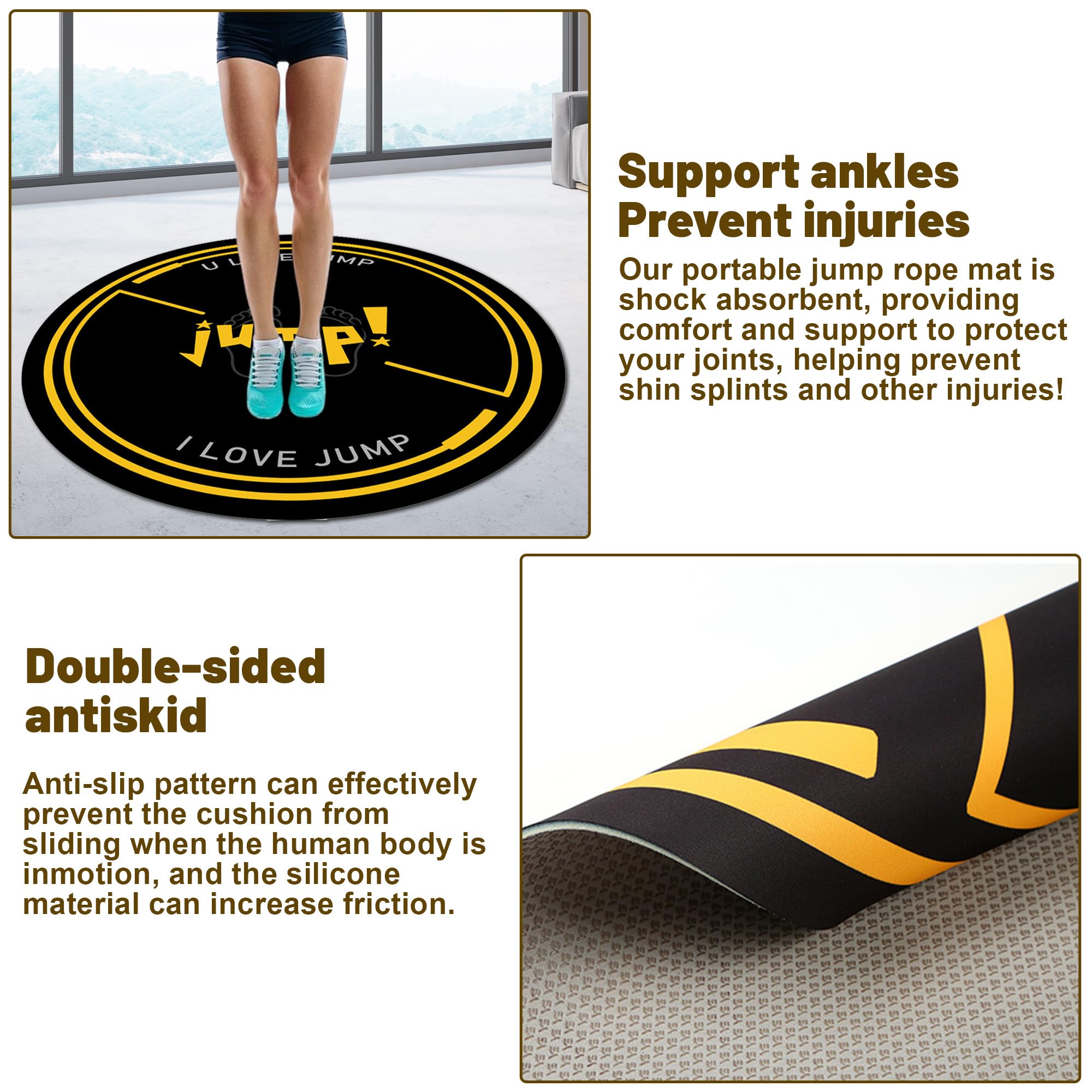 Springseilmatte, groß, 125 x 125 cm, rutschfeste Fitness-Matte, absorbiert Stöße, drinnen und draußen, 6 mm, rundes Springseil-Matte, Workout, Sprungunterlage für Zuhause, Fitnessstudio