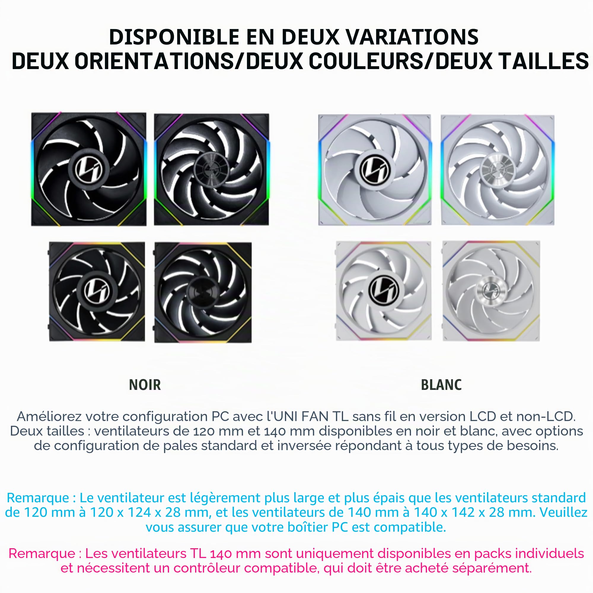 Lian Li UNI Fan TL LCD 120 unités sans fil (lame inversée) - Signal sans fil ARGB 2,4 GHz - Miroir infini - Contrôleur d'éclairage à synchronisation en guirlande non inclus et requis - Noir