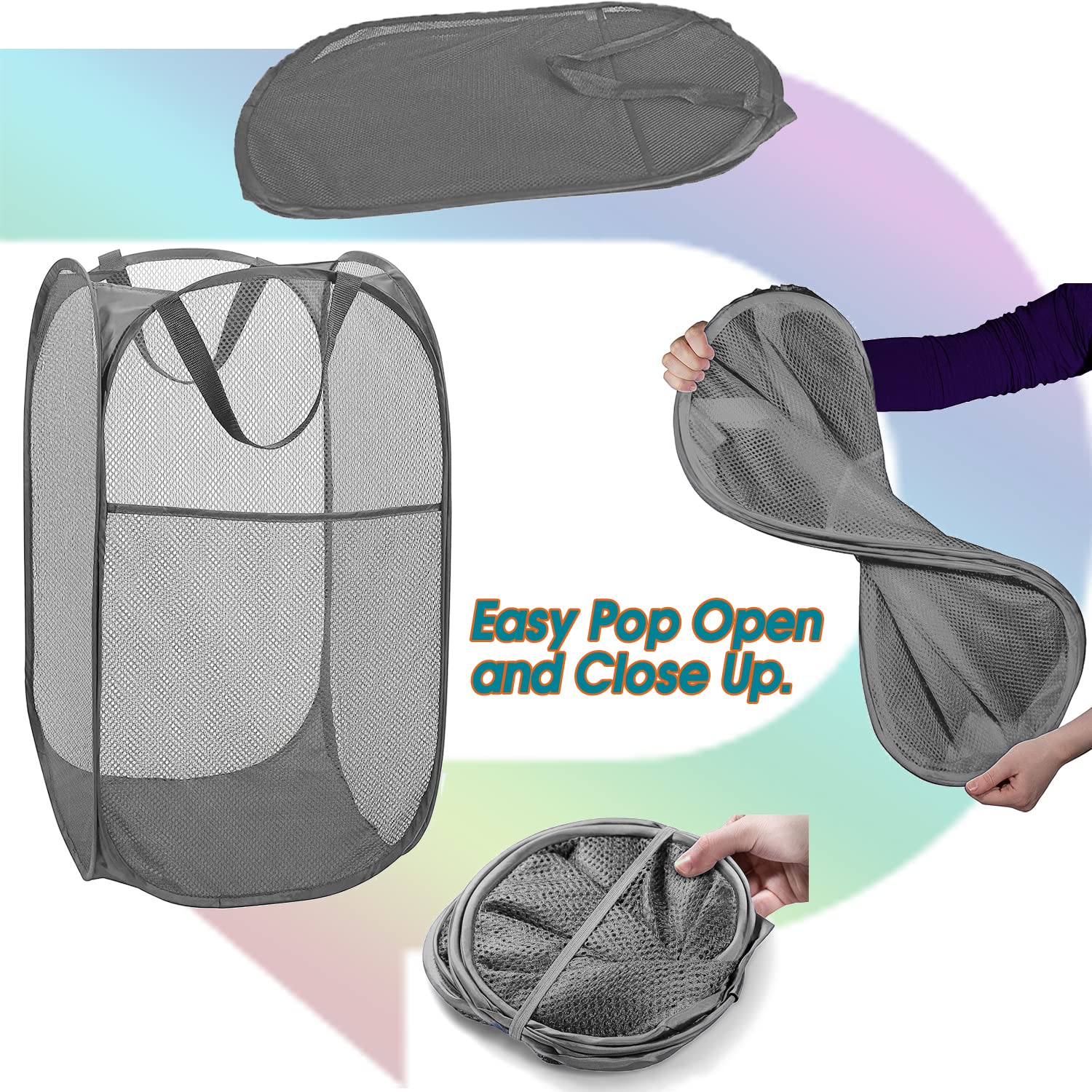 Cesto portabiancheria pop-up in rete resistente con tasca laterale per lavanderia, bagno, camera dei bambini, dormitorio universitario o viaggi, grigio