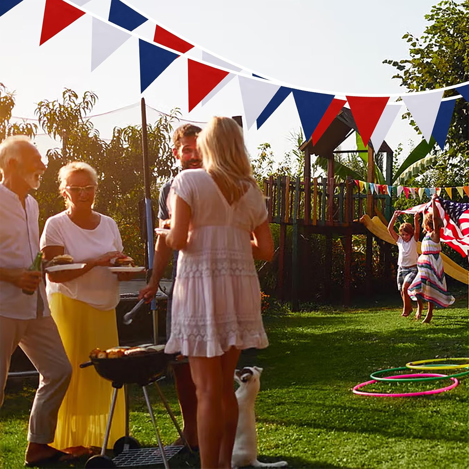 33 ft Pennant Banner Flags,Flag Triangle Bunting Garland Decor，for Fourth of July,Wedding,Birthday Party,Baby Shower,Graduation,Golf Party Decor (Blue White Red Independence Day Banner Decor)