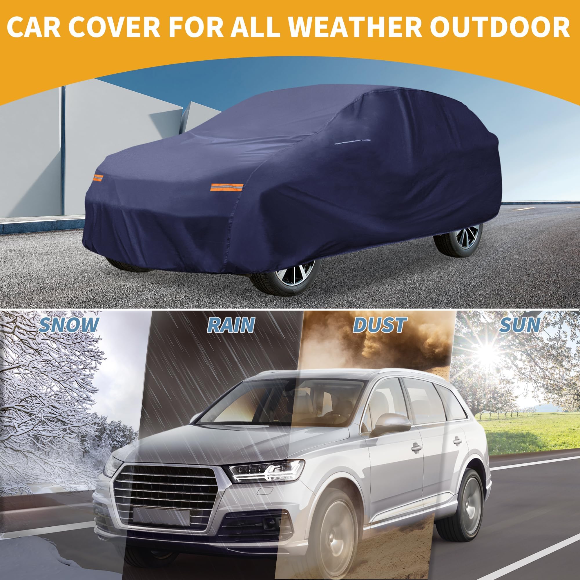 Partuto Waterproof All-Weather Universal Car Cover with Right Side Zipper Mirror Pocket 190T-PU Navy Blue Fits for SUV — view 2