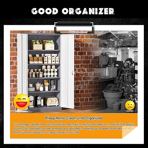 Miniatura 6 de Greenvelly Armario de almacenamiento de metal para garaje, armario de acero con bloqueo con 2 puertas y 4 estantes ajustables, gabinetes de