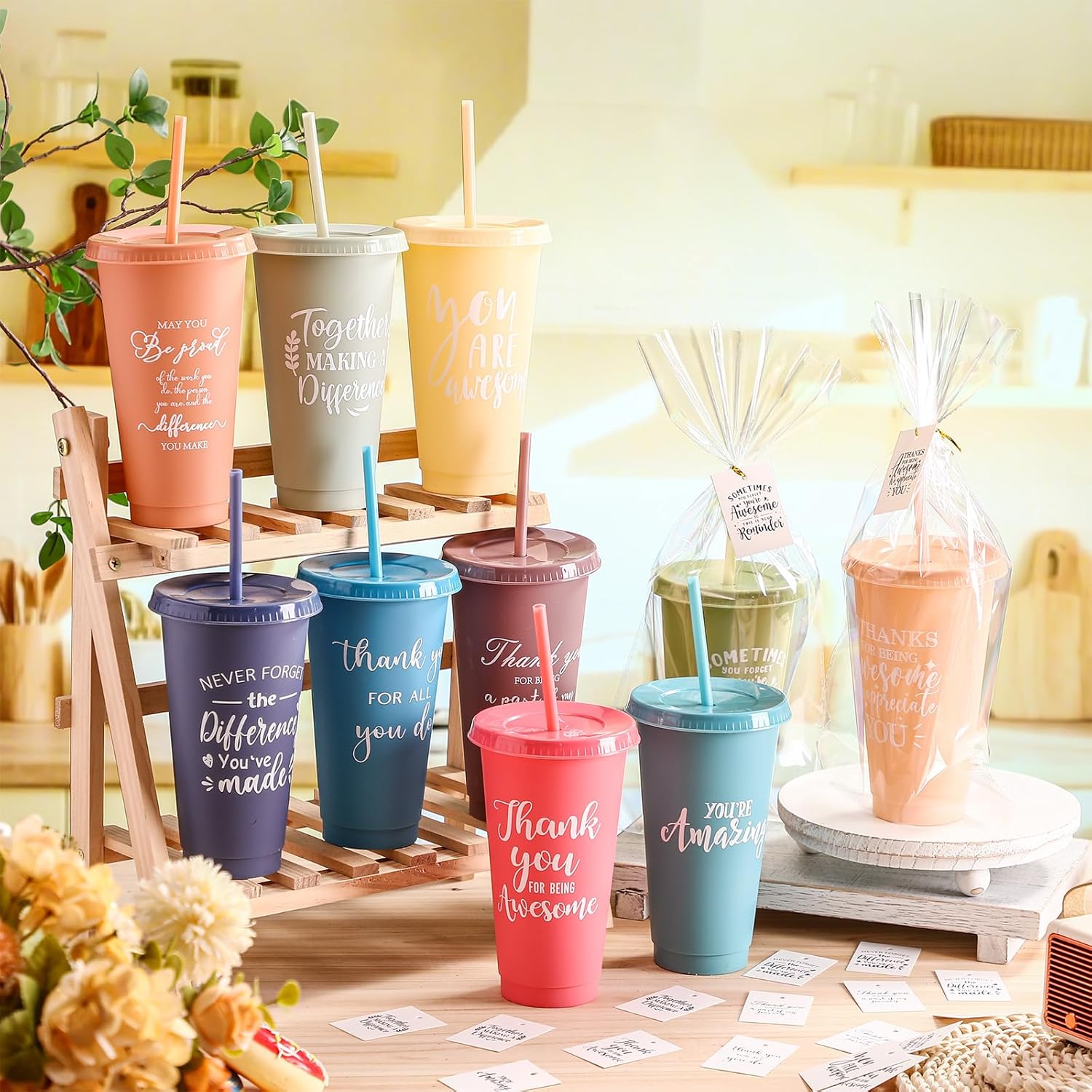 Skylety 30 Pcs Valentine Galentine Employee Appreciation Gift Bulk 24 oz Plastic Tumbler Cup with Lids Straws Thank You Cup Bulk for Coworker Team Teacher Nurse Volunteer(Amazing,Dark Colors) - Image 4