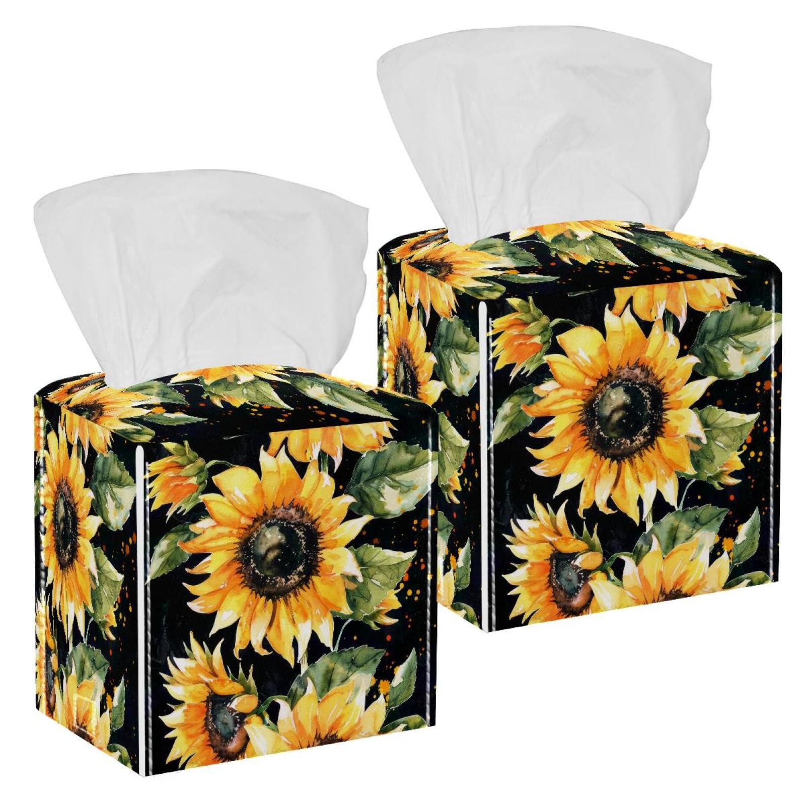 Watercolor Sunflower Flowers Tissue Box Cover, 2 Pack PU Leather Square Facial Tissue Dispenser Box holder for Home Office Car