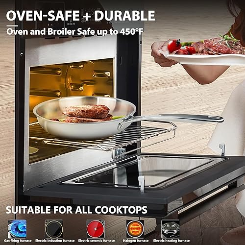 Miniatura 4 de Sartén con tapa, sartén de 3 capas, acero inoxidable 188, listo para inducción, apto para lavavajillas, plateado (10 pulgadas)