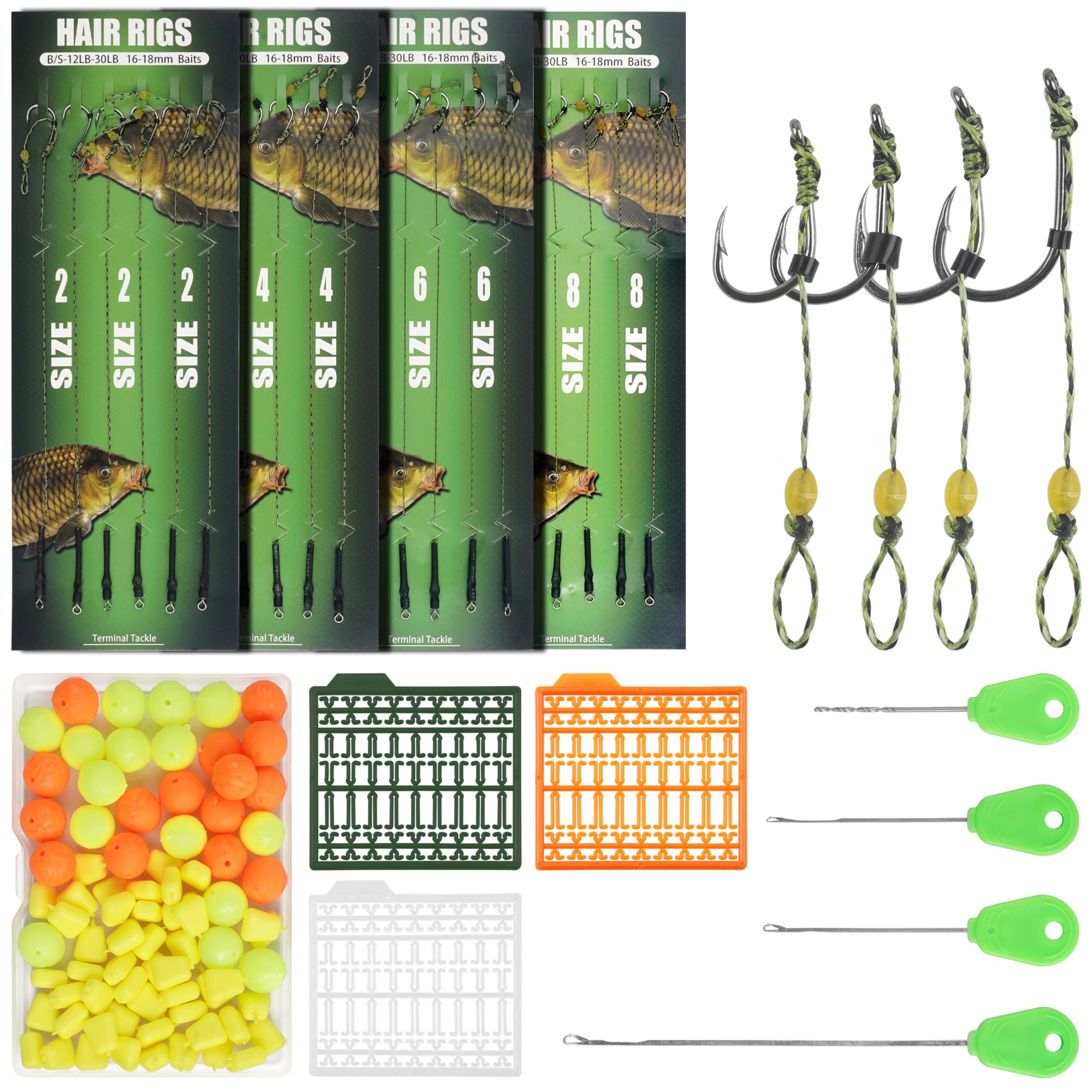 Carp Fishing Hair Rigs Kit, Curved Barbed Hook Swivel Braided Thread Line with Boilie Bait Stopper Stringer Needle Tool Accessories