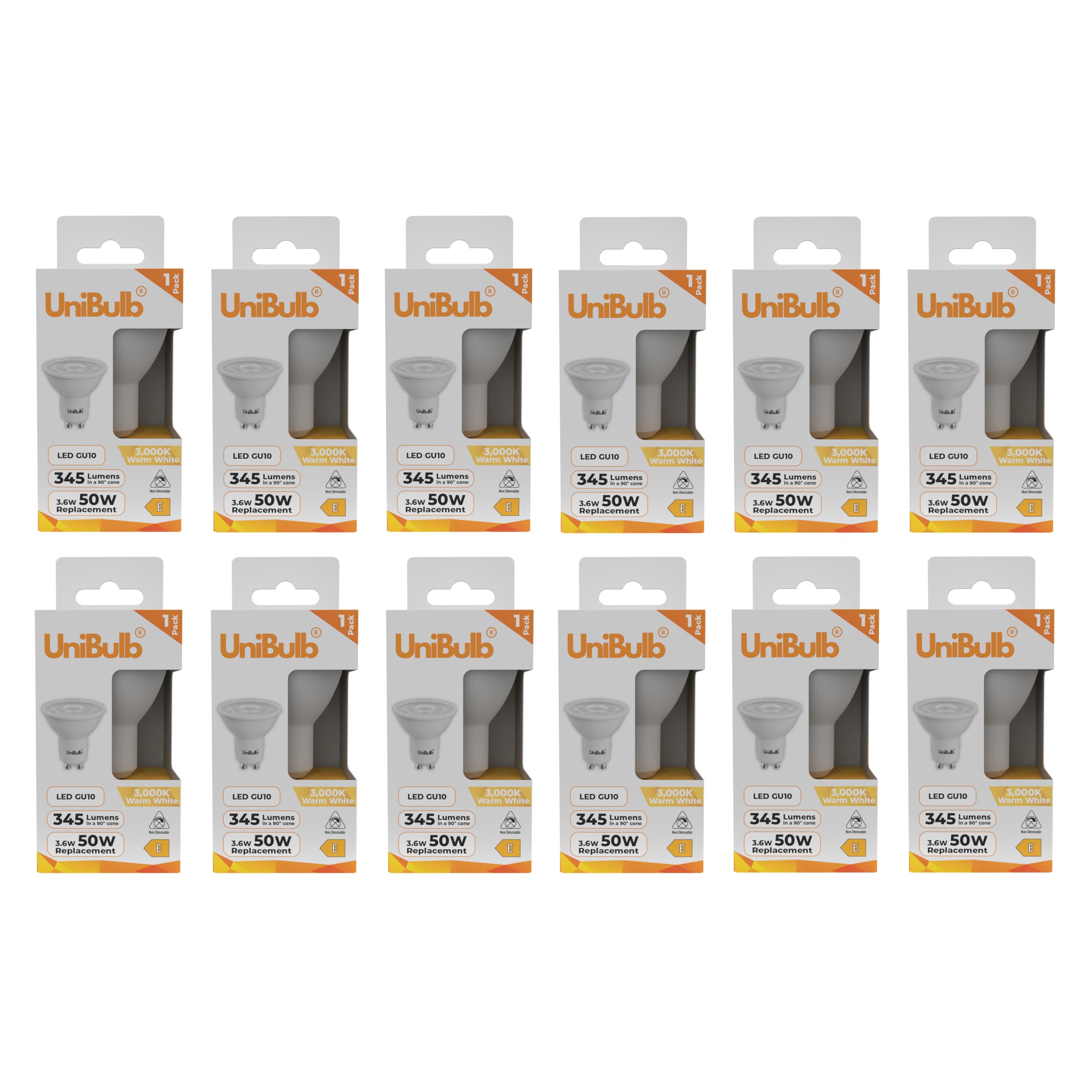 Unibulb GU10 LED Bulb Warm White, 3.6W LED Spotlight/Downlight/Ceiling Light Bulb, 345 Lumens, 3000K, Replaces 50W Halogen, 25,000hr Life, Non-Dimmable (12)