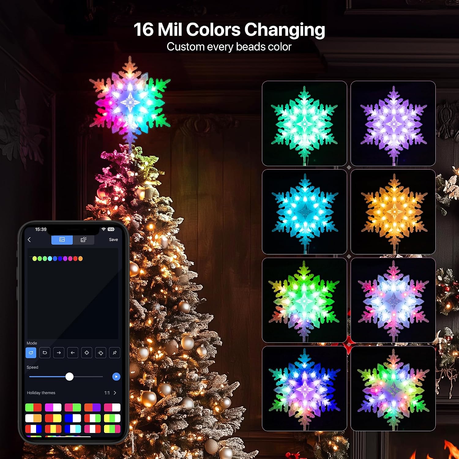 10” Smart Christmas Snowflake Tree Topper with 20 RGB Lights, DIY Colors Changing, Music Sync, Timer, for Xmas Tree Indoor Party Home Office Decoration