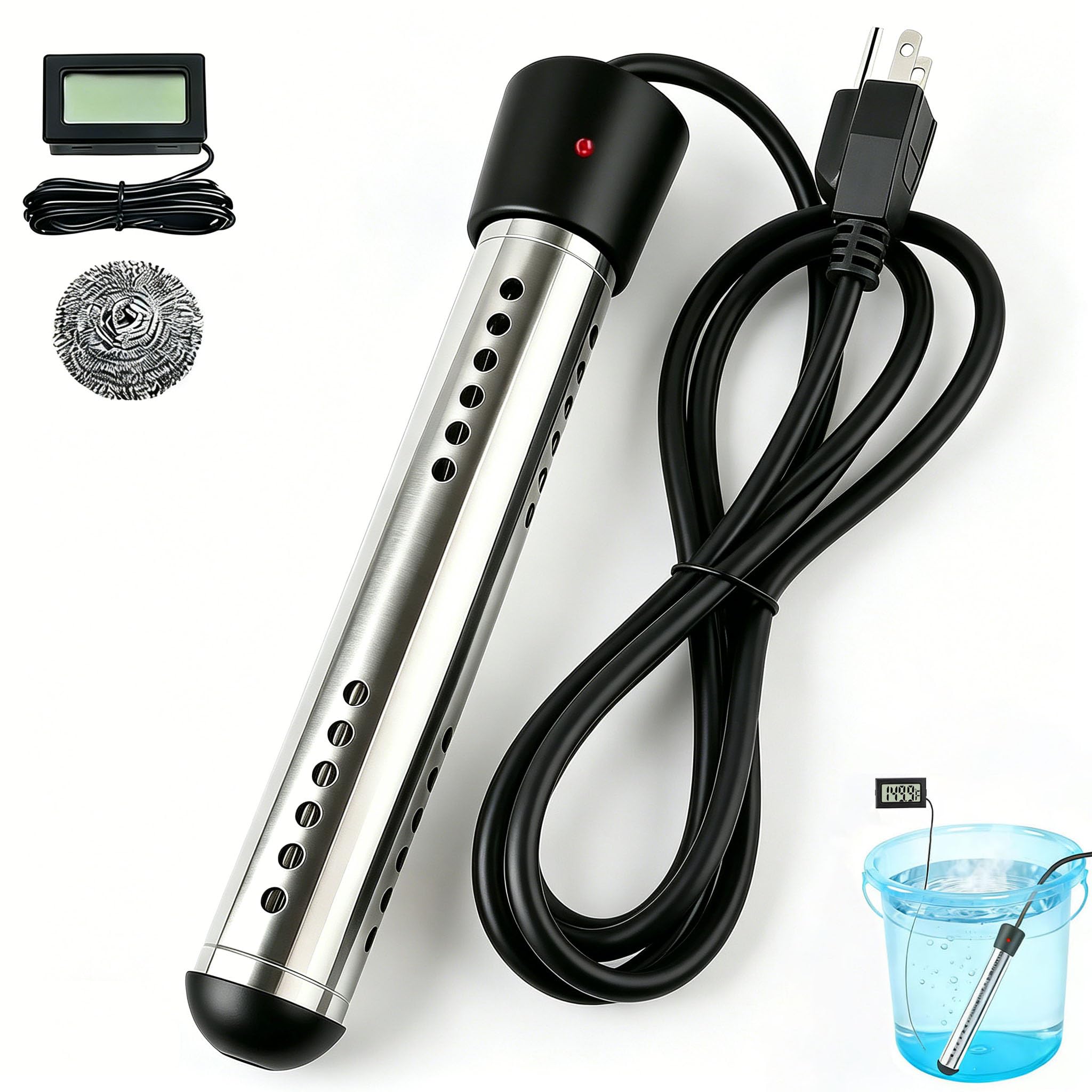 Photo 1 of Immersion Water Heater Portable 2000W, with Stainless Steel Guard & Digital Thermometer,Fast Heating for Buckets, Bathtubs, Inflatable Pools,Travel & Home Use