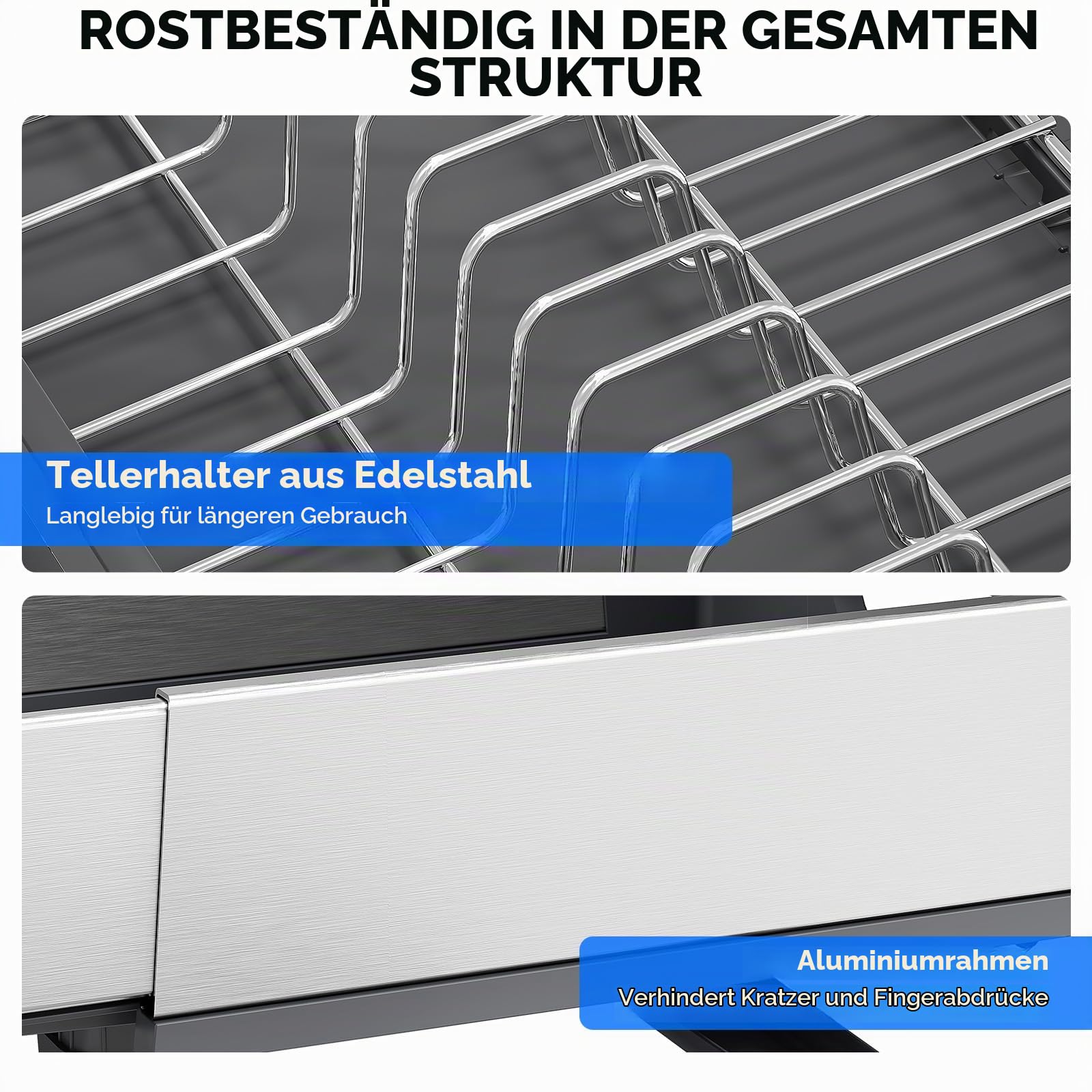Urackify Abtropfgestell, Grau | Erweiterbar, Edelstahl mit Aluminiumrahmen, Platzsparender Dish Rack mit Utensilienhalter