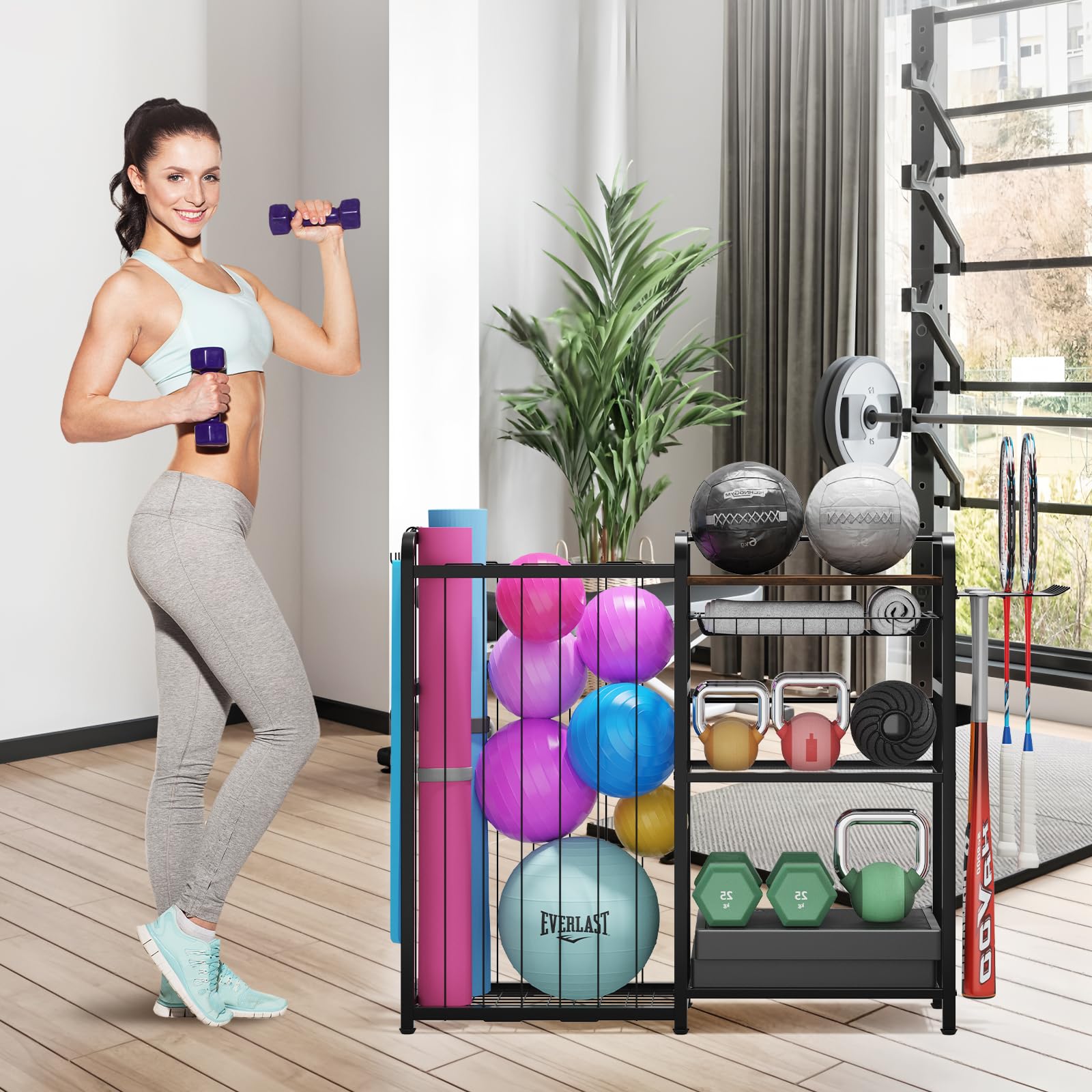 Homsorout Organizer für Sportgeräte, Ballaufbewahrung mit elastischen Bändern und abnehmbarem Korb für Garagenorganisation