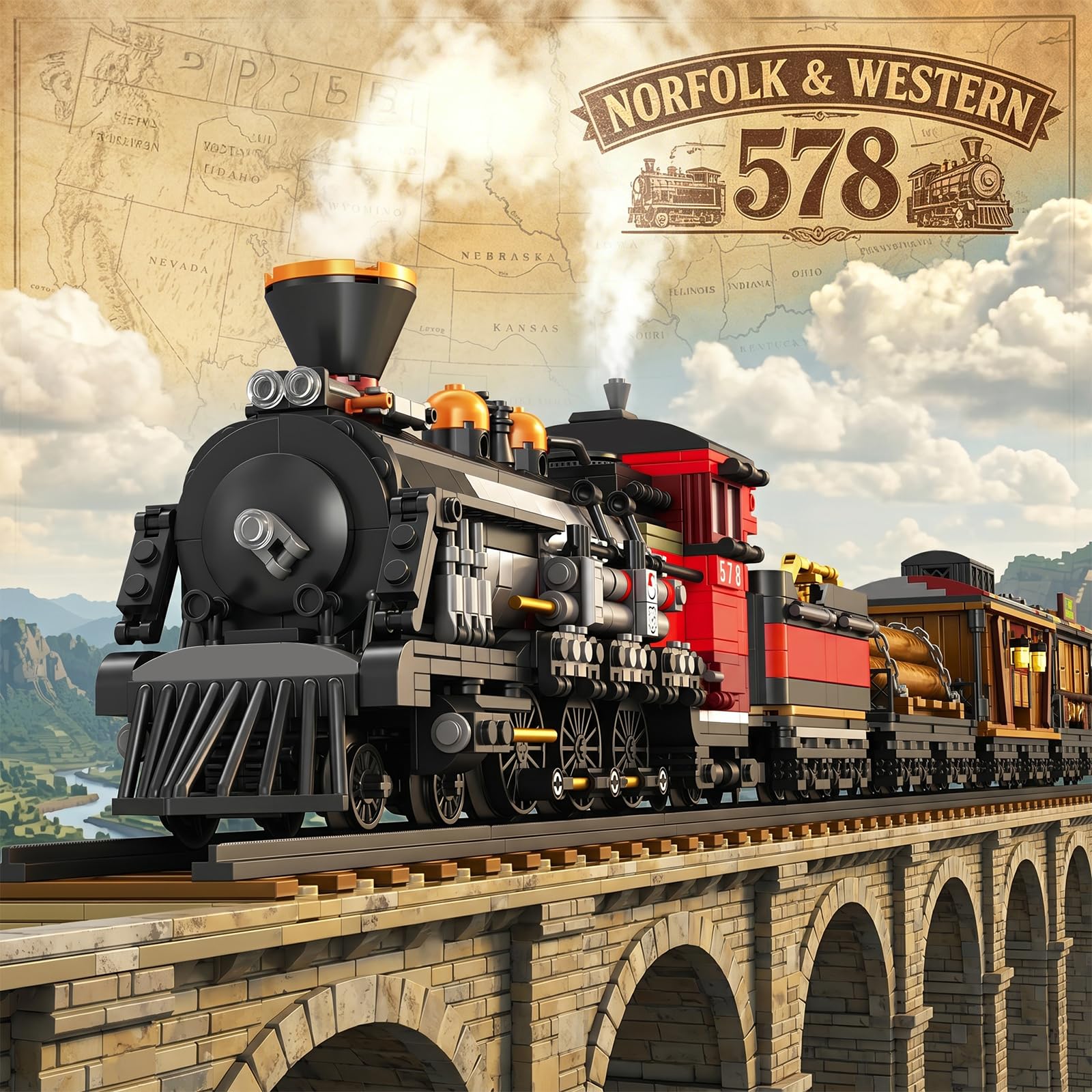 Reobrix Norfolk and Western 578 Zug Klemmbausteine Dampflokomotiven Modell
