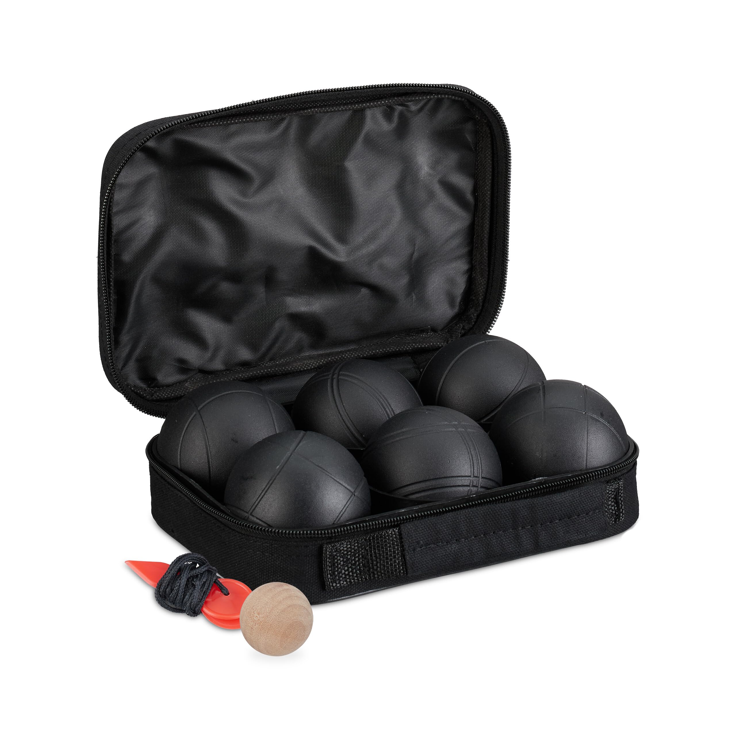 Relaxdays 6 Bolas de Petanca, Acero, Juego Boccia, Set con Boliche, Cuerda de Medición y Bolsa de Transporte, Negro