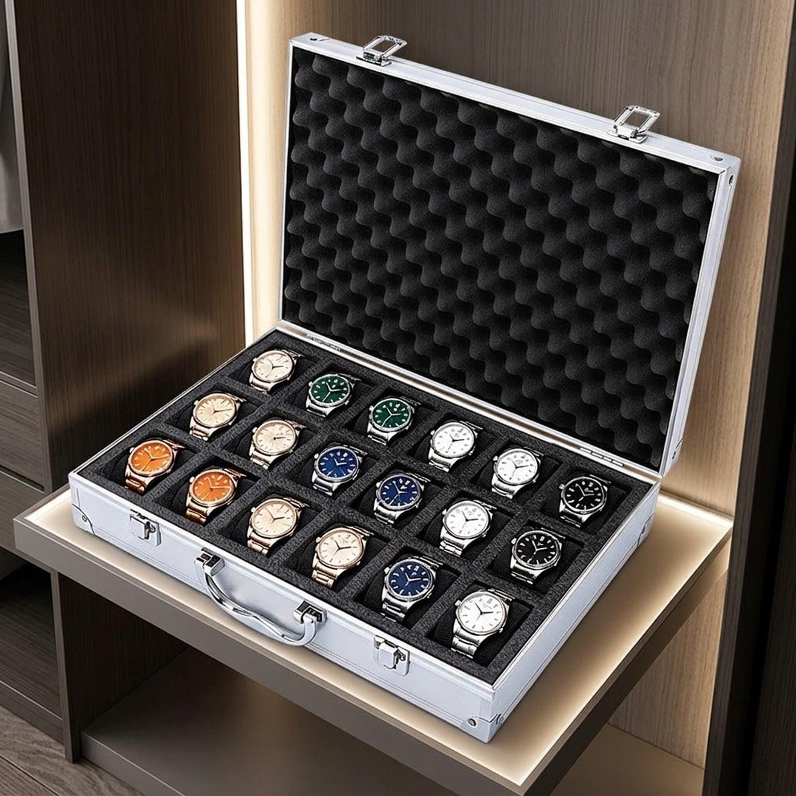 Amagogo Caja almacenamiento para relojes, estuche rígido aleación aluminio, estuche regalo para exhibición y colección, organizador para relojes, Plata, 18 Ranuras