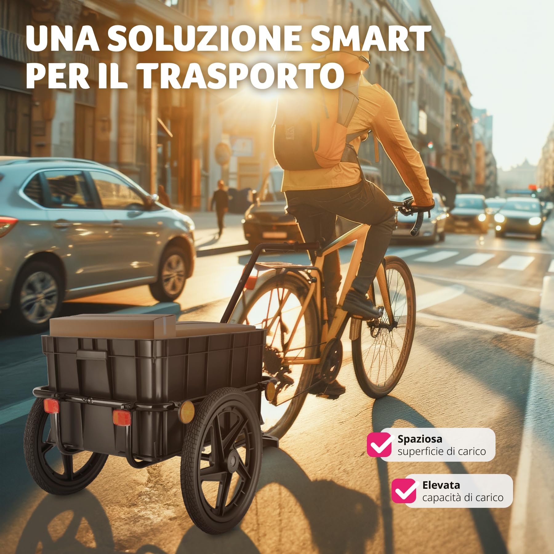 tectake® Rimorchio per Biciclette 2 in 1, Multifunzionale, Carrello a Mano, Cassa Rimovibile con Maniglie, Telo Impermeabile, Pneumatici con Cuscinetti a Sfera, Capacità Fino a 50 kg - Nero