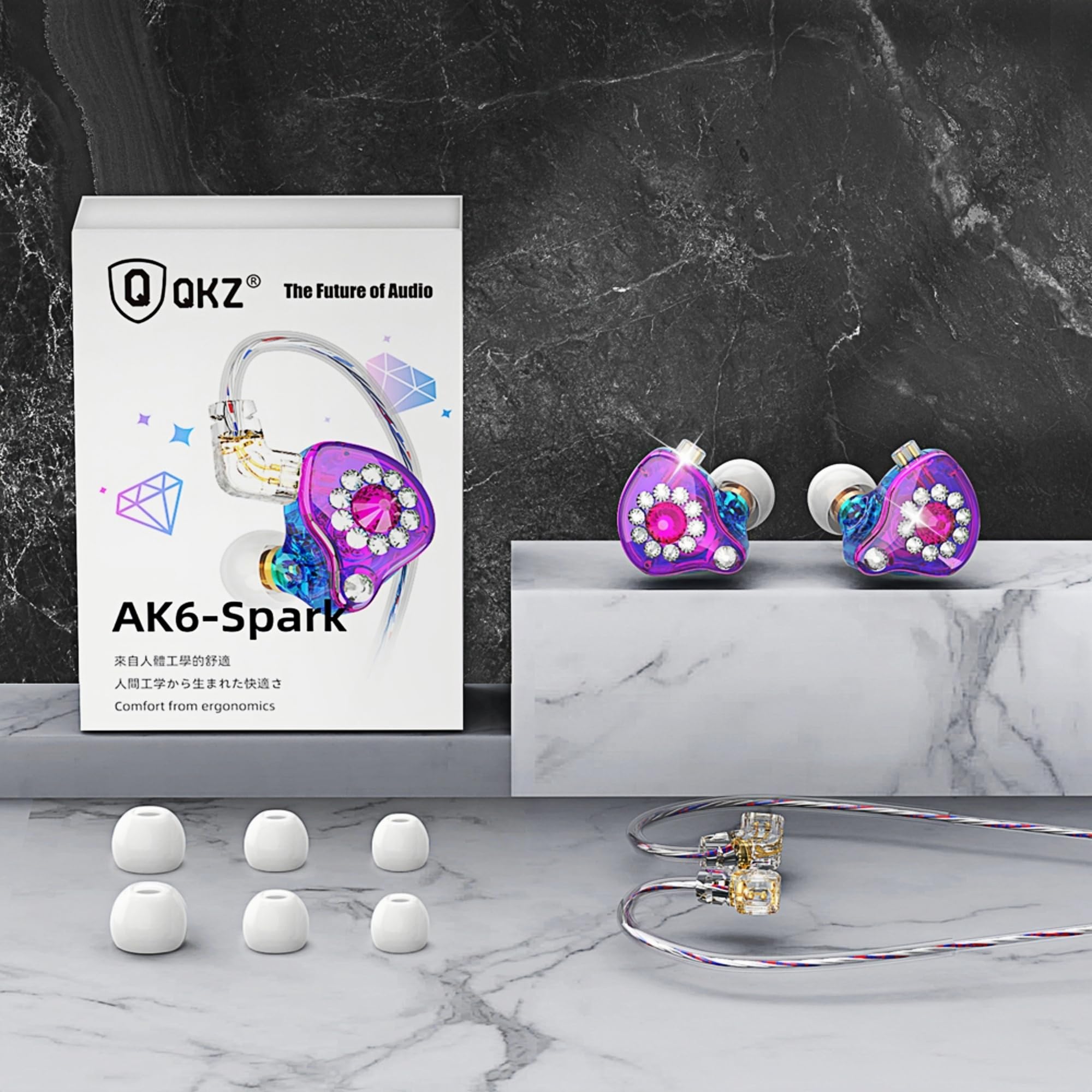 HJX QKZ AK6 Spark przewodowe słuchawki HiFi z mikrofonem, słuchawki do gier, słuchawki IEM, dla piosenkarzy, muzyków, membrana kompozytowa PET 11 mm, dynamiczne (kolorowe)