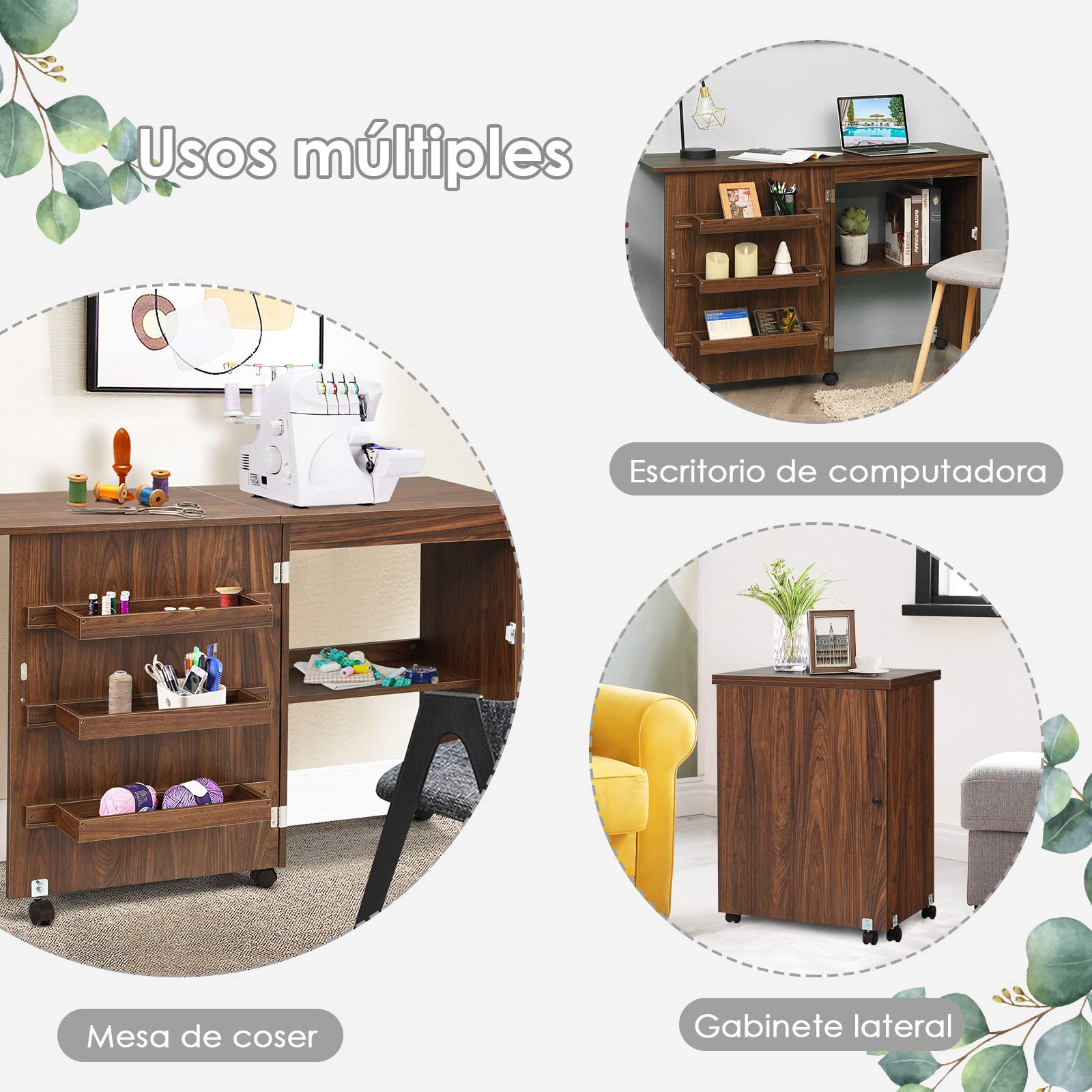 COSTWAY Mesa Maquina de Coser Plegable, 2 en 1 Mueble Maquina Coser con 3 Compartimientos, 1 Estante de Almacenamiento y 5 Ruedas Bloqueables, Mesa de Costura Que Ahorro de Espacio (Marrón Oscuro)