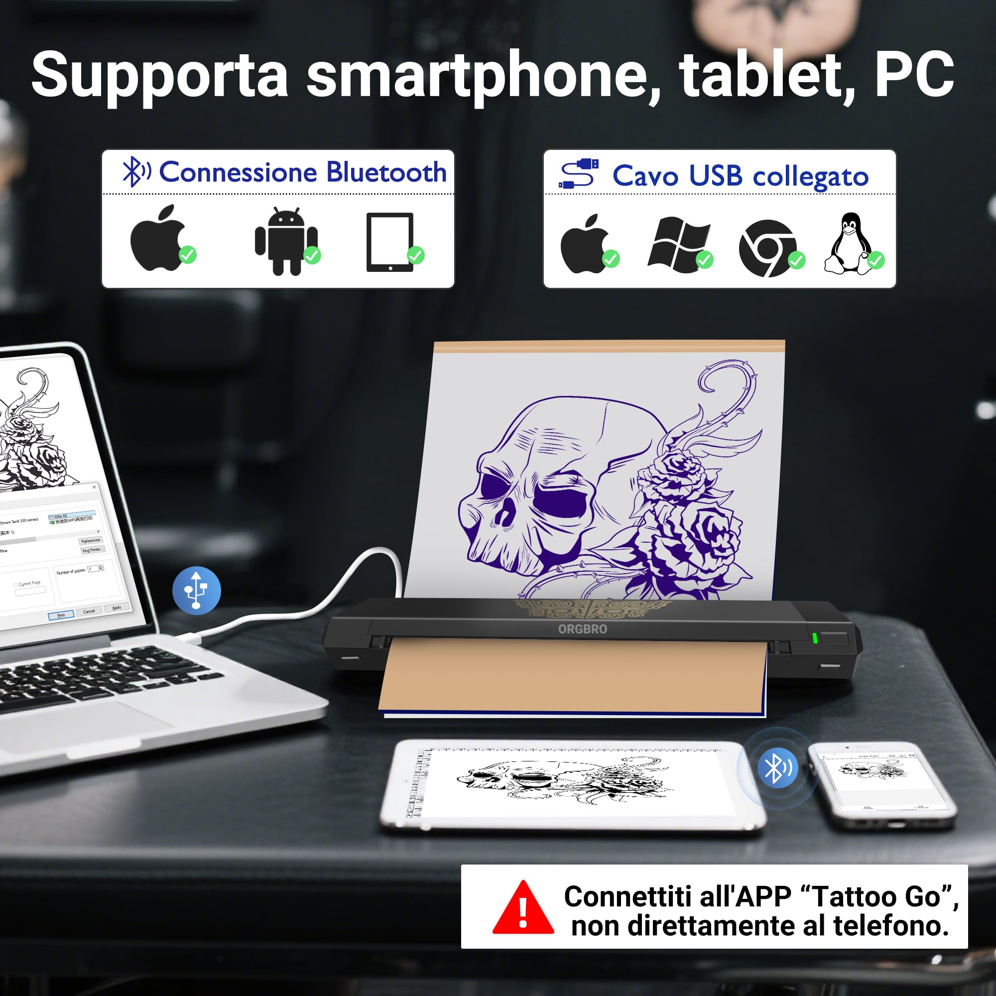 ORGBRO X8 Stampante Stencil Tattoo Bluetooth Stampante per Tatuaggi Termica | con 30 Fogli Di Carta per Tatuaggi Compatibile con Smartphone, Tablet e PC, per Artisti e Principianti