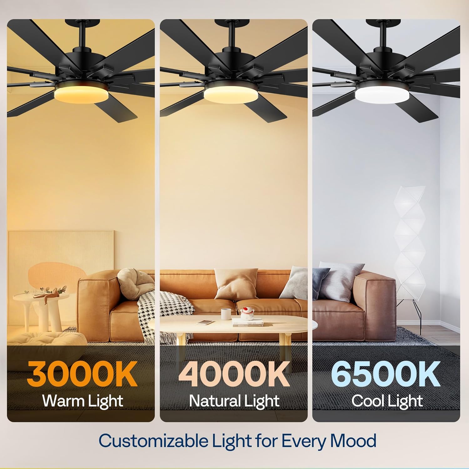 VIVOHOME 72 inch Ceiling Fans with Lights, Flush Mount Large Ceiling Fan with Remote Outdoor Indoor, for Living Room, Bedroom, Patios, 6+1 Speeds Reversible, 3CCT, Dimmable, Timer, Black