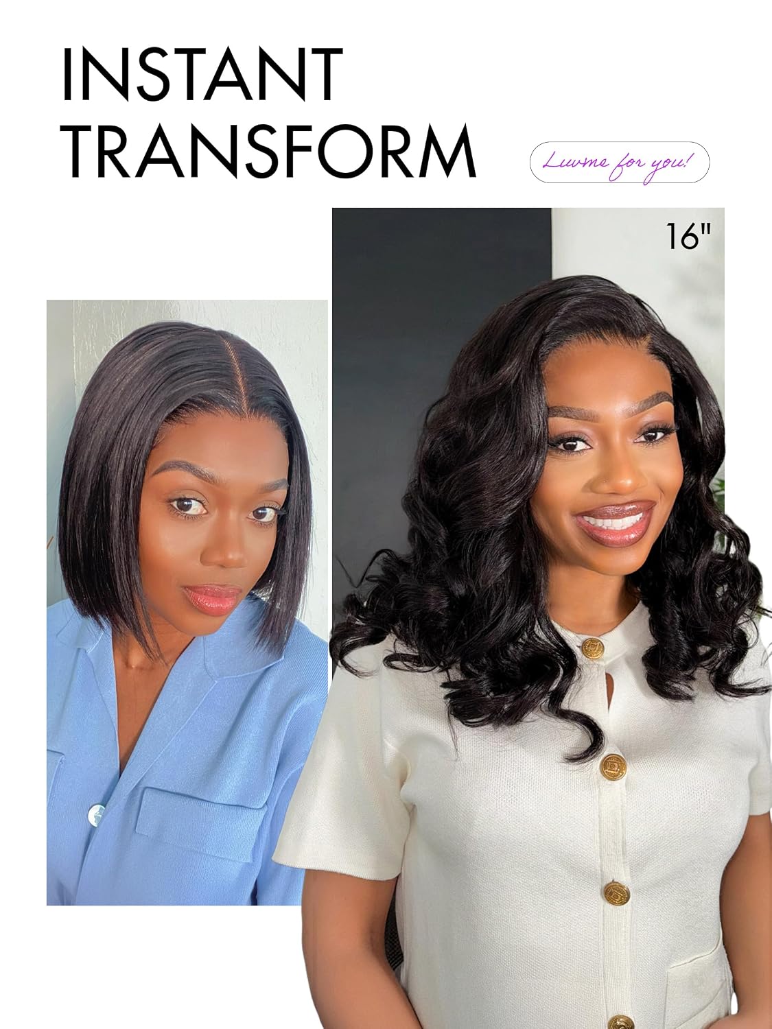 LUVME HAIR 100% Human Hair Wigs Loose Wave Protective Wig Glueless Without Spray Lace Front 18 Inches, Pre Cut Plucked Hd Lace Short Wig Ready To Go Natural Color Straight Bleached Knots