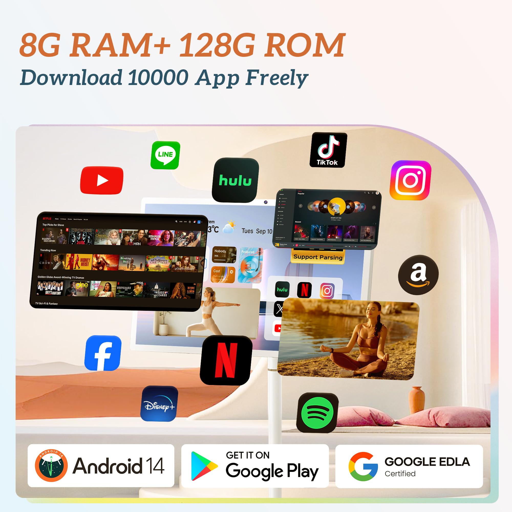 Bisprico Smart TV Portatile da 32 Pollici con Ruote, CPU Qualcomm, Certificato EDLA, Batteria Integrata da 22000mAh, 16+128GB, Android 14 OS Rolling Tablet TV, Rotazione Piena, Controllo