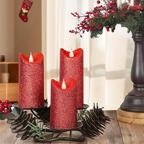 Miniatura 5 de Paquete de 3 velas LED de llama móvil 3D con purpurina roja, control remoto de 10 teclas, vela sin llama con temporizador, decoración del hogar,
