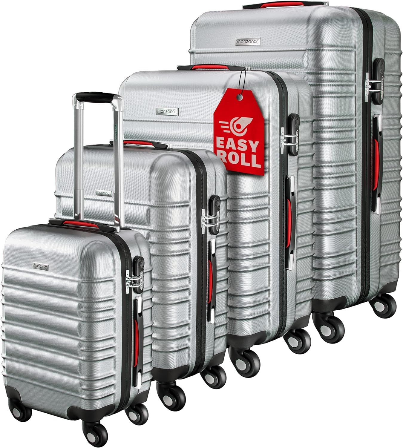 MONZANA® Maletas de Viaje Set 4 S-M-L-XL Equipajes Rígidos ABS Plata Asas de Gel Ruedas 360° Pies de Bloqueo