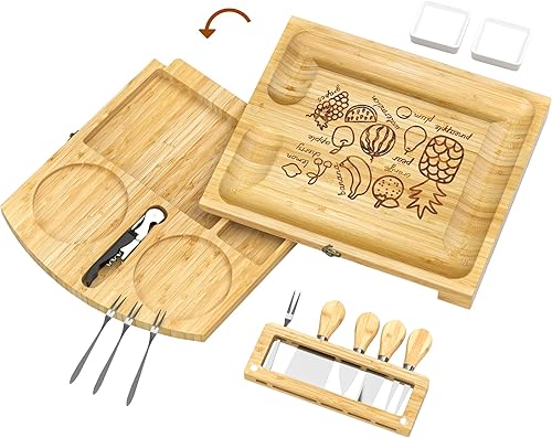 Miniatura 9 de Juego de tablas de charcutería, plato giratorio para vino, carne, queso, servidor de queso de bambú con cuchillos, tenedores, abridor de vino,