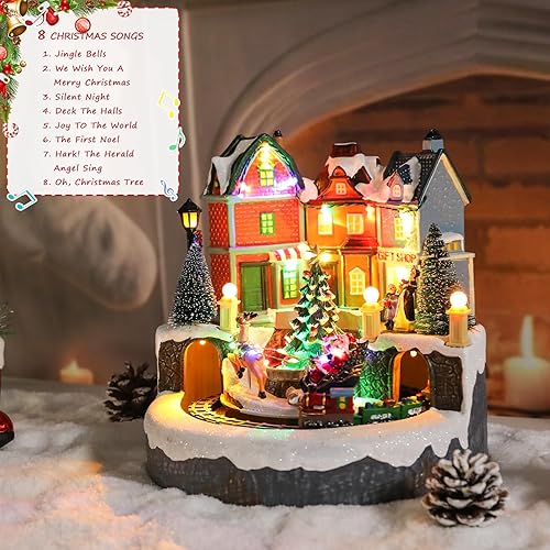 Miniatura 2 de Bdor Casa de pueblo navideño con tren giratorio Decoración musical iluminada de mesa de Navidad con trineo de Papá Noel y luces LED Decoración de