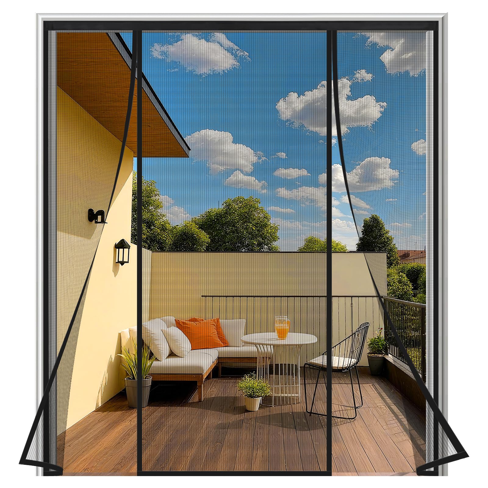 Double-Side Opening Magnetic Fly Screen Door 255x220 cm, Heavy Duty Double French Door Insect Mesh, Auto Closing Bug Curtain, No Drill Install, Full Frame Magic Tape, Translucent Fly Net, Black — image 1