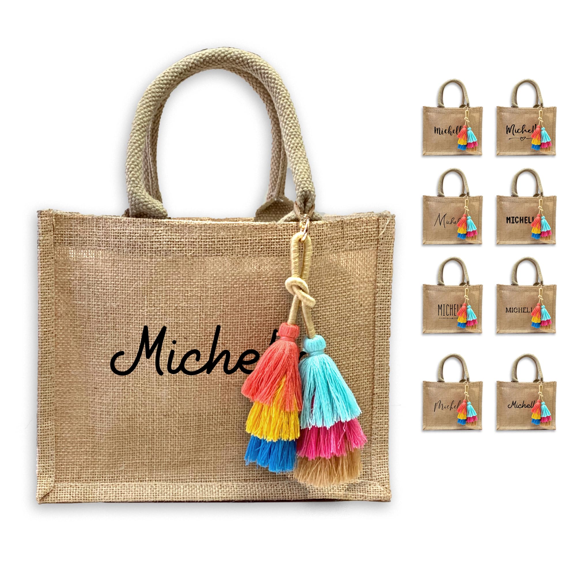 Name Design Burlap Tote Bags - Personalized Bridesmaid Bags and Charm Tassel - Bachelorette Party Bags - Boho Jute Gift Bag