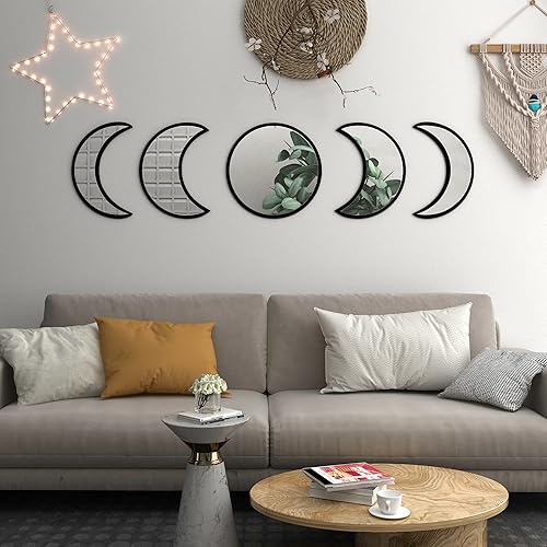 Moon Phase Mirror Set - 5 Piece Scandinavian Boho Decor Moon Wall Mirror - Moon Mirror Wall Decor Bedroom Bohemian Wall Decoration Wall Mirror for Home Living Room Bedroom Decor (Black)