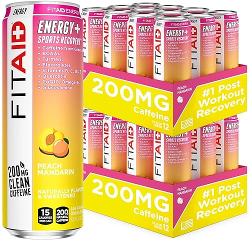 FITAID ENERGY, 200 mg de cafeína natural, ceto, mandarina de melocotón, fórmula de rendimiento óptimo BCAA, quercetina, electrolitos, omega-3s, 15