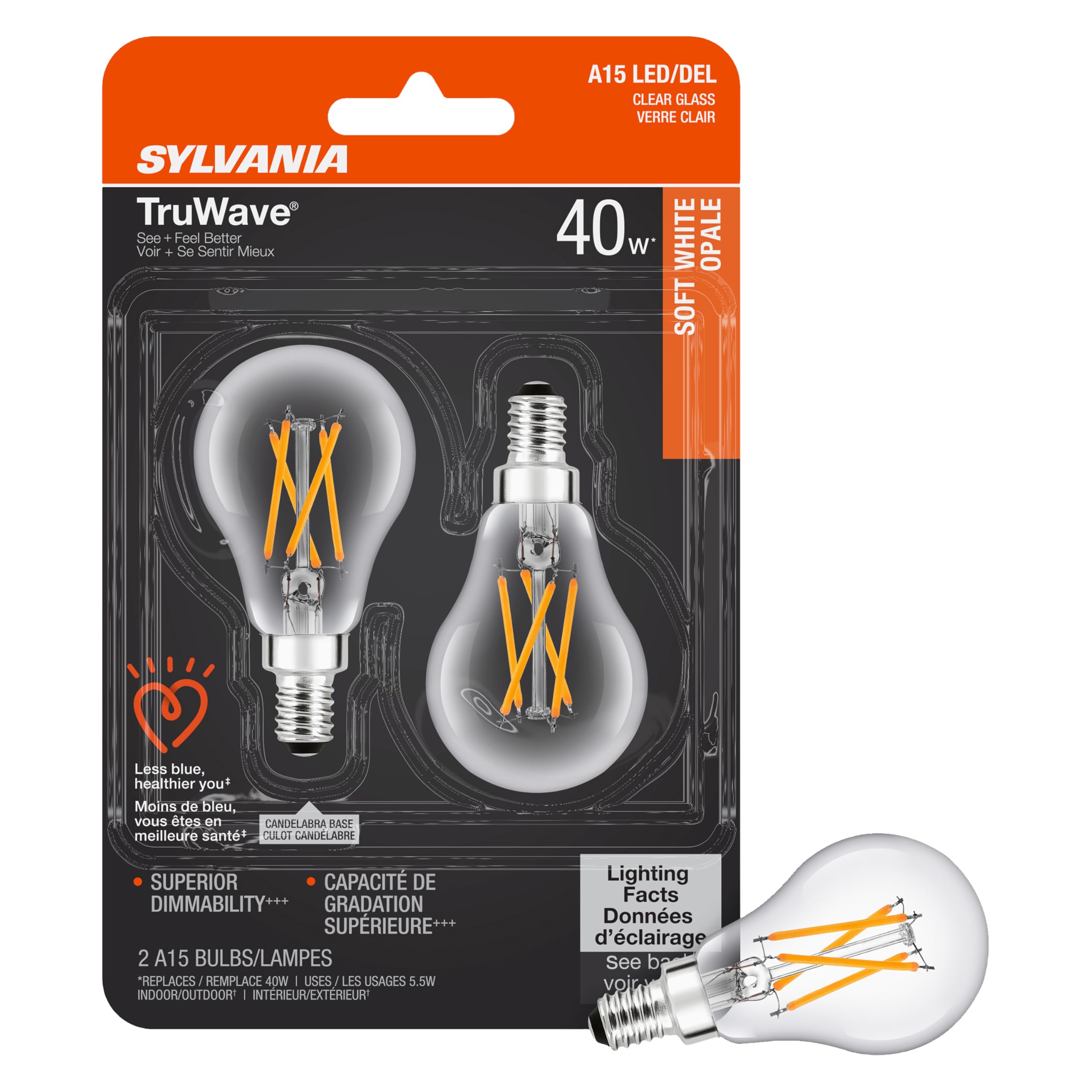 SYLVANIA LED TruWave Natural Series Ceiling Fan / Fixture Light Bulb, 40W A15 Soft White Candelabra Base, Dimmable, Clear - 2 Pack