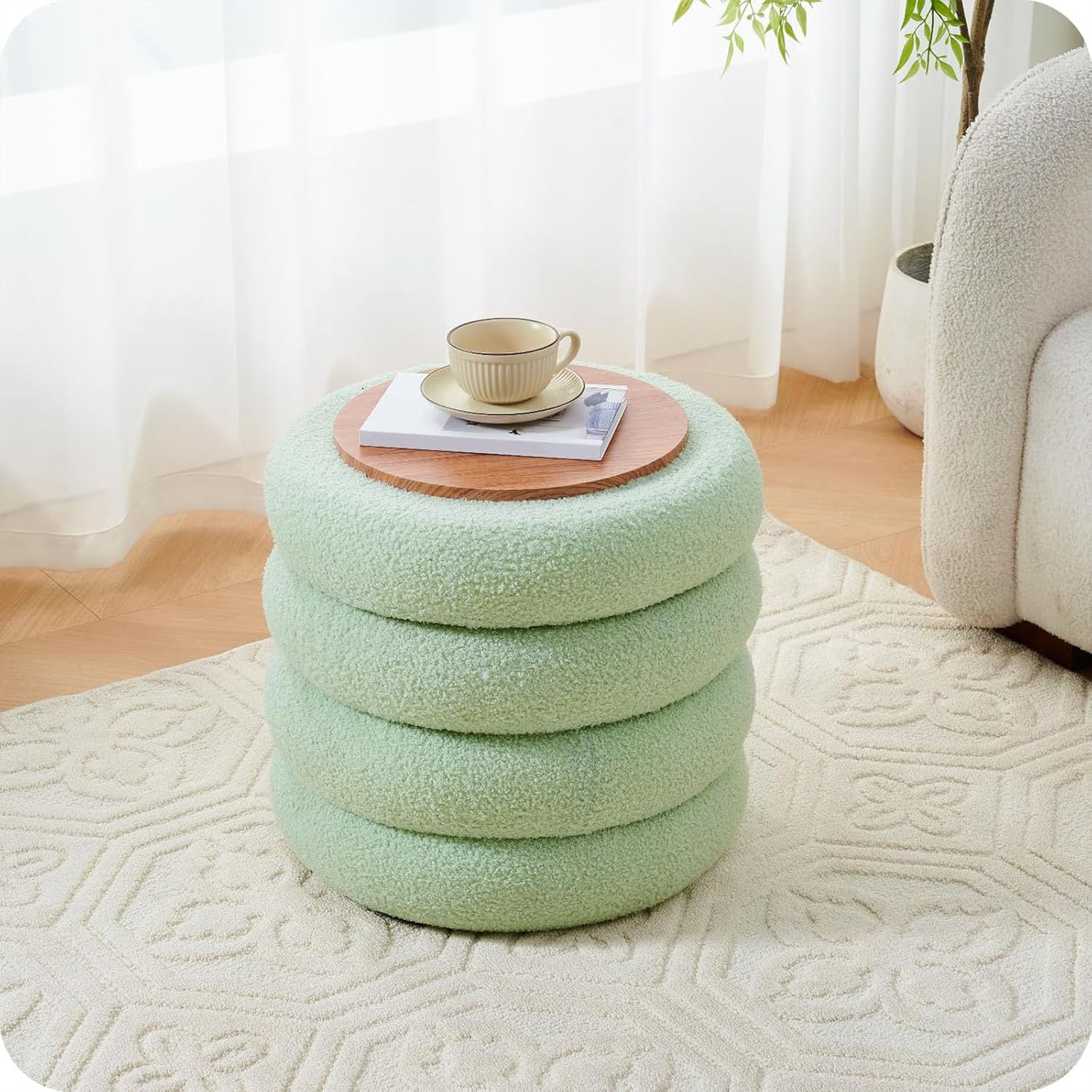 Wimarsbon Round Storage Ottoman, Modern Sherpa Footstool, Teddy Vanity Stool with Flip-Top Tray, Makeup Chair for Home Decor, Upholstered Footrest for Living Room & Bedroom (Green)