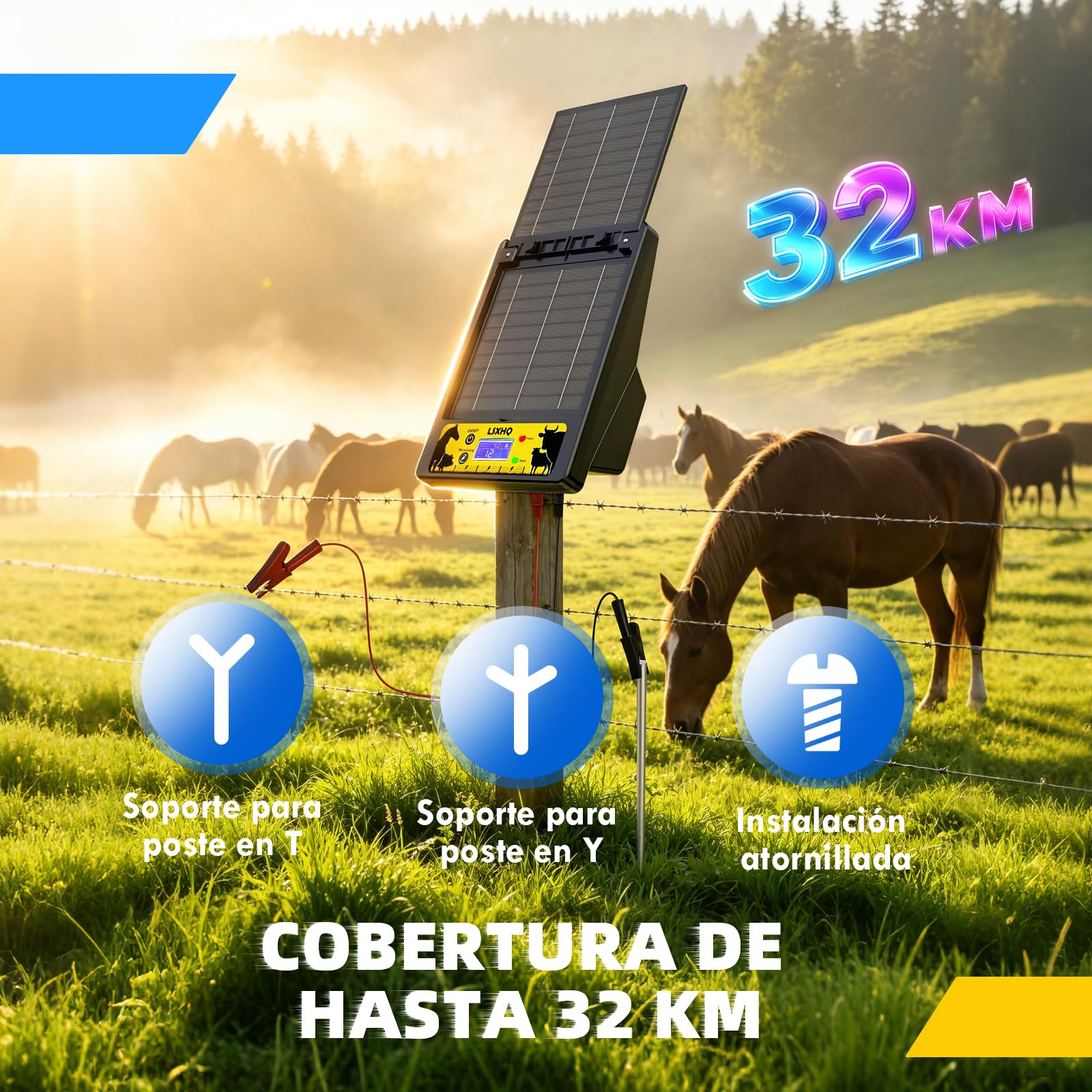 Electrificador de Cercas Solar para Alcance 32 KM, Batería de Litio 18000mAh, Electrificador con Panel Solar 10W, 0.3-2J, 6KV-12KV Ajustable, Protección para Aves de Corral, Ganado (Negro)