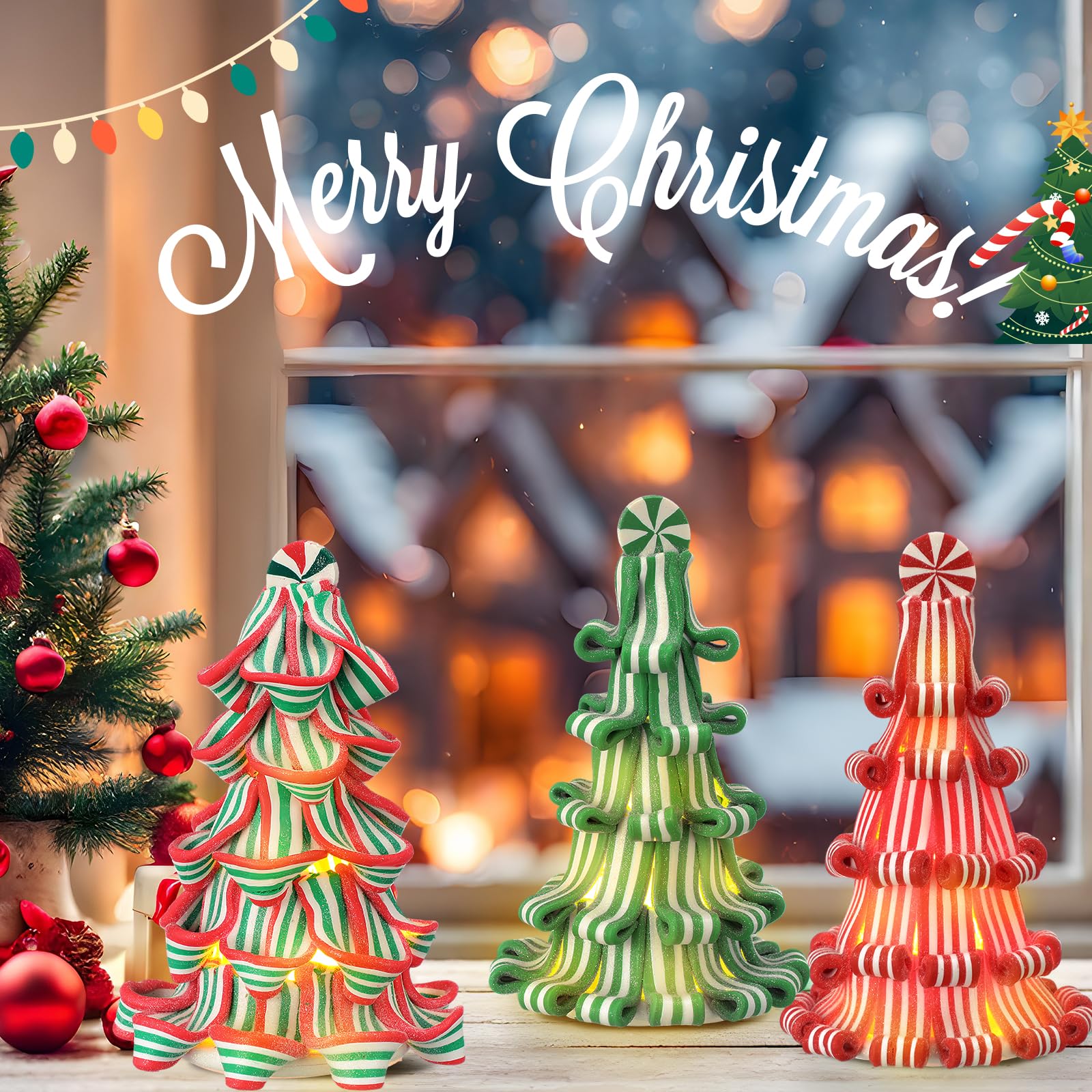 Suzile Lot de 3 rubans de Noël pour décoration de table de 17,8 cm - Mini sapin lumineux en résine argile menthe poivrée pour décoration de table de Noël (rouge, vert, rose, blanc)