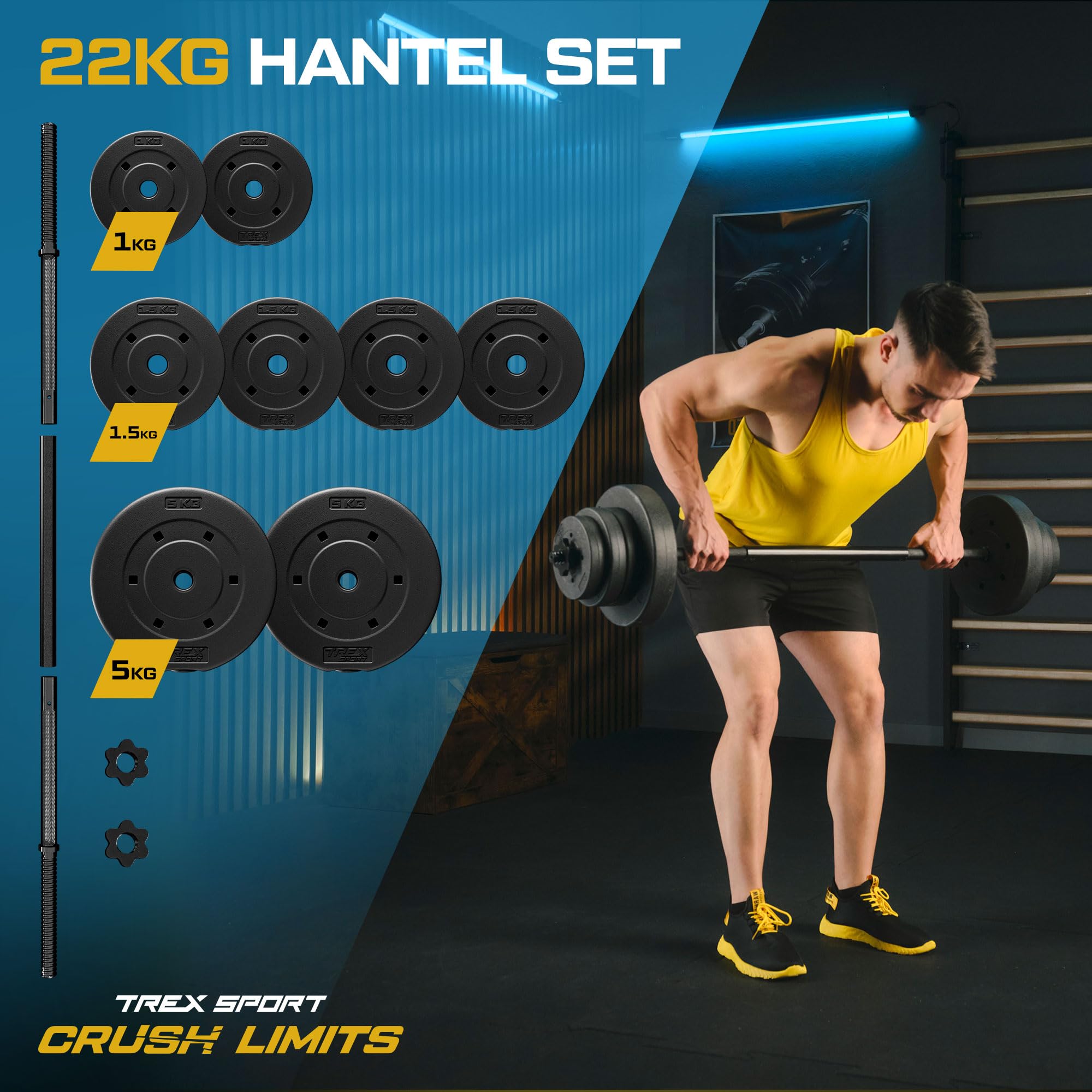 TREX SPORT Langhantel Set 22 kg | Hantelset mit Langhantelstange 120 cm | Aus Stahl und 8 Hantelscheiben aus Kunststoff in Schwarz mit mattem Finish für Krafttraining zuhause