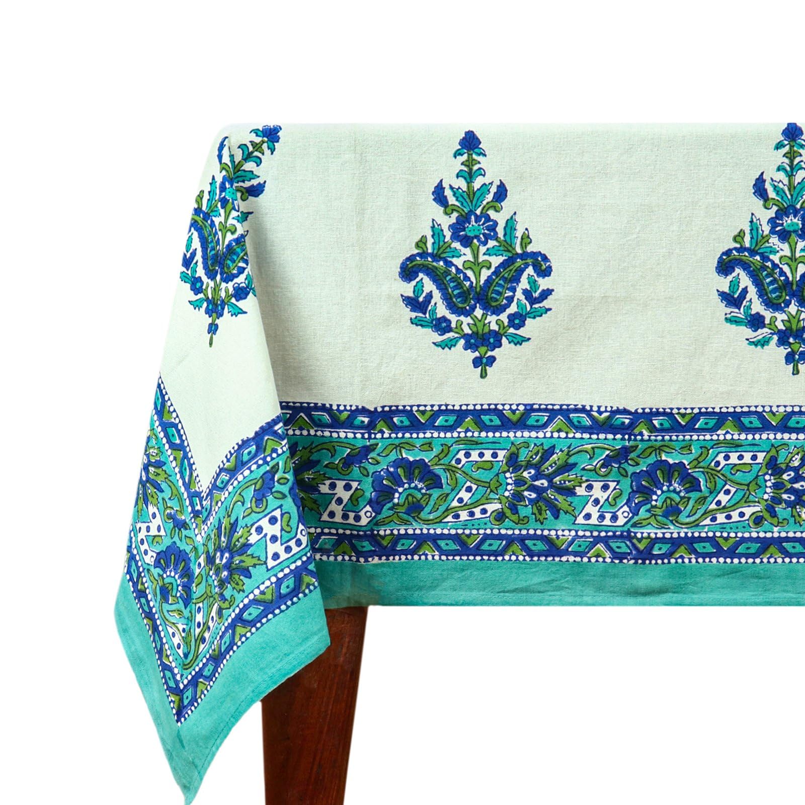 72x72 Inches Square Hand Block Printed Cotton Tablecloth, White Blue Floral Table Cloths Washable, Indian Table Linen for Valentine Thanksgiving Gifts