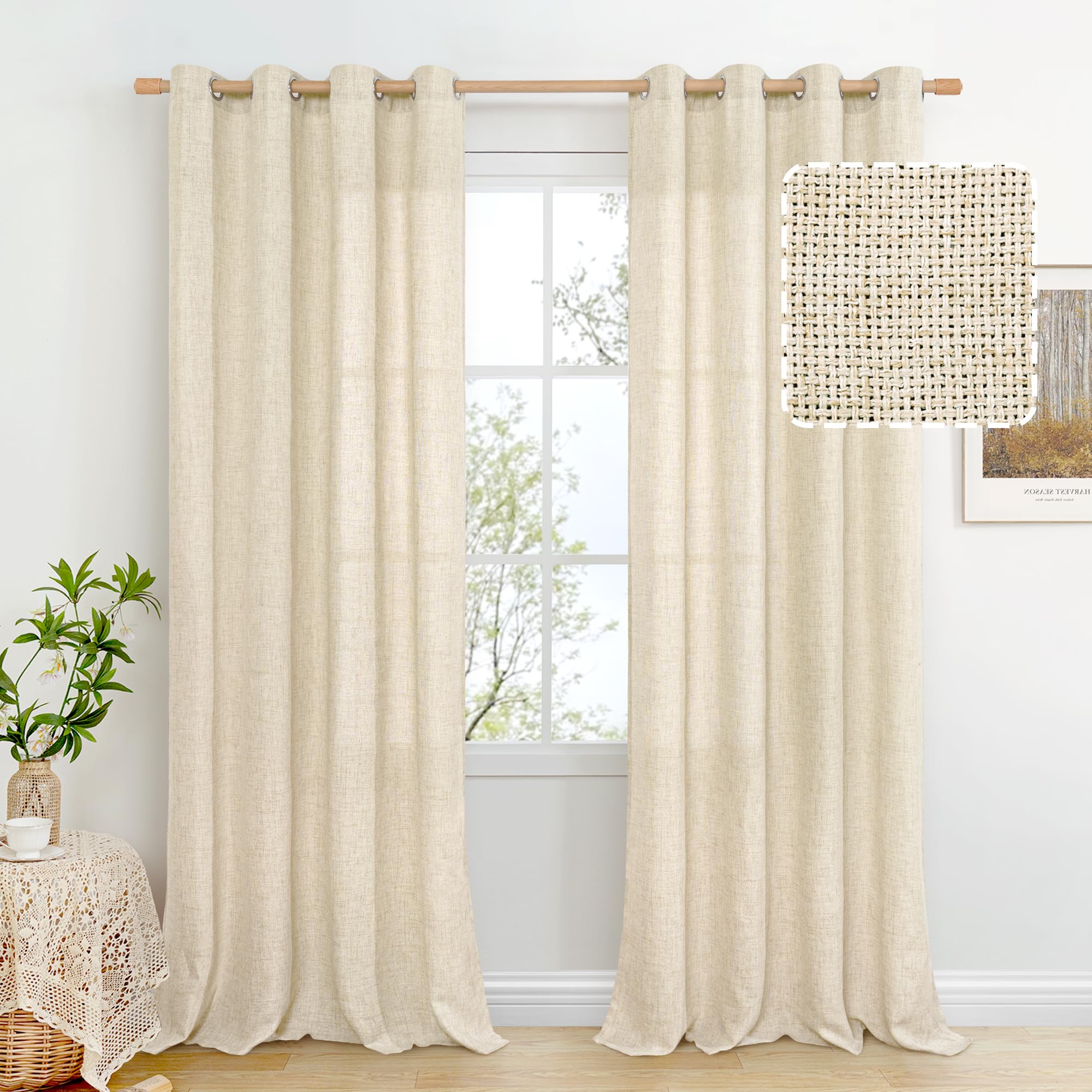 BGment Linen Curtains 108 Inch Length for Living Room 2 Panels Set, Extra Long Light Filtering Curtains Boho Burlap Textured Privacy Window Curtains for Farmhouse, Each Panel Drapes 52 Inch, Natural