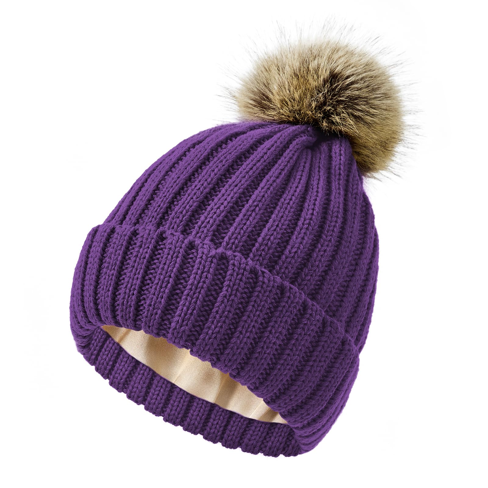 Gorro de invierno con forro de satén para mujer, gorro de invierno con forro de seda, gorro con pompón desmontable
