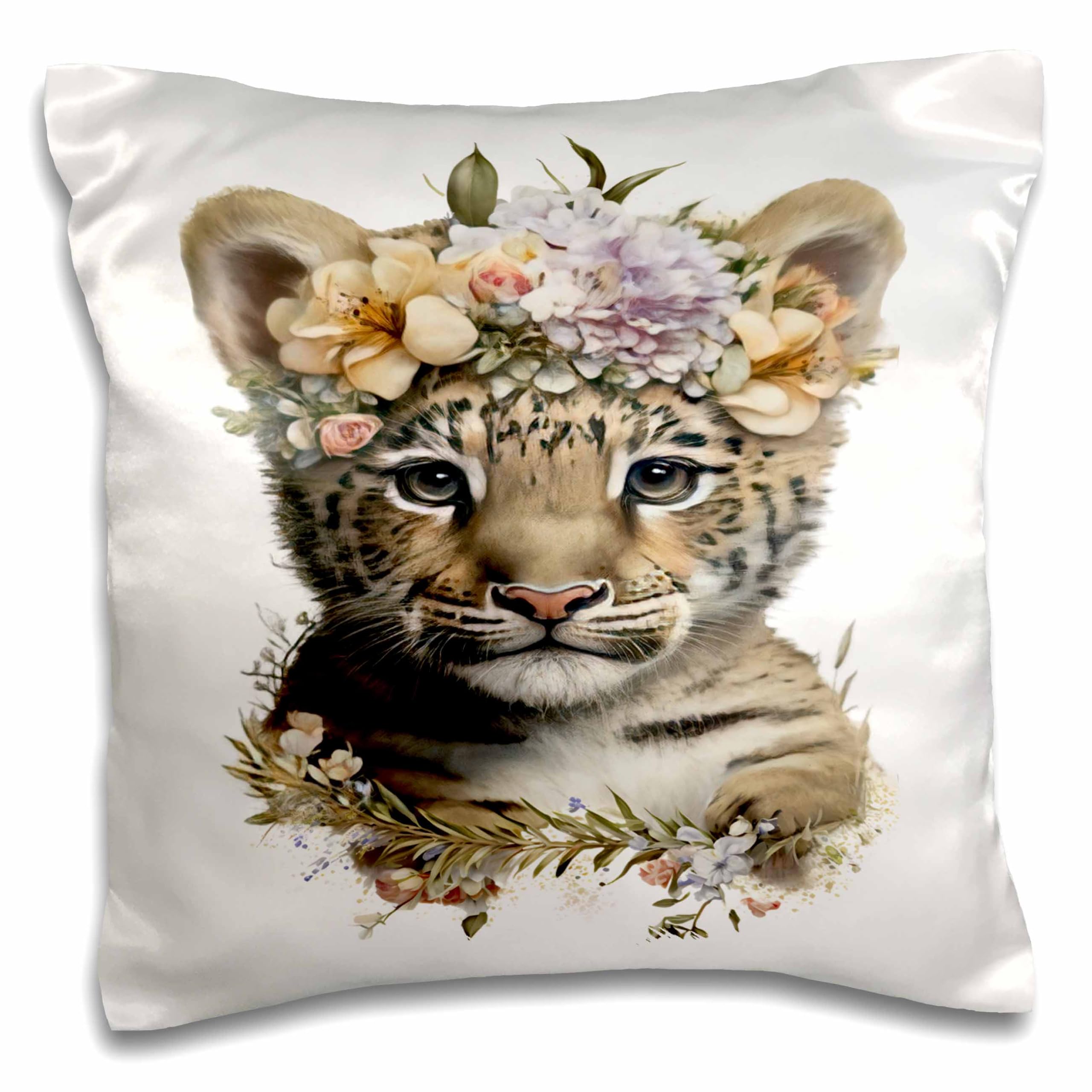 3dRose 16x16 inch Pillow Case - Floral Baby Tiger Illustration Illustrations