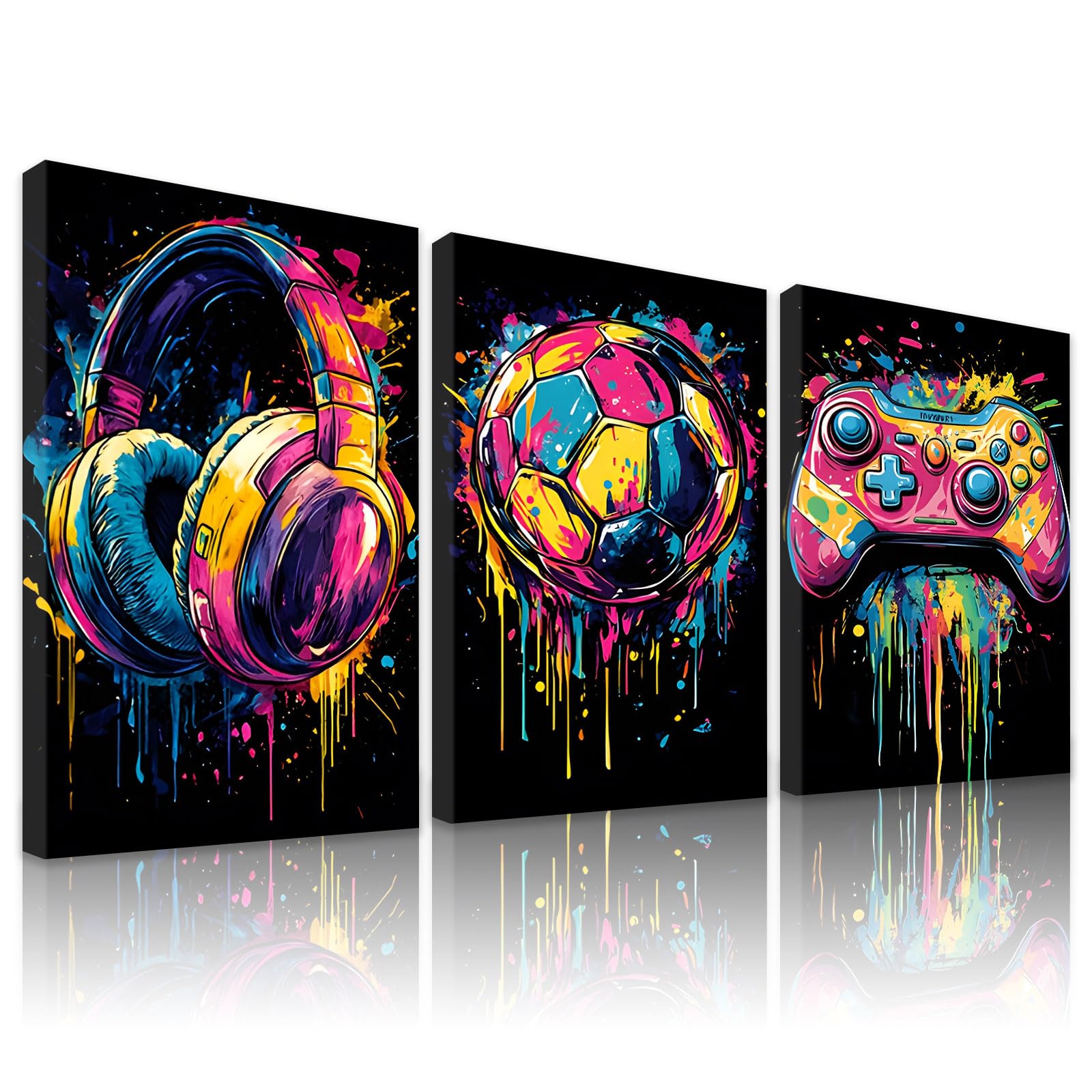milaosk Tableau Décoration Murale Gaming Affiche Impressions sur Toile | Manette de Jeu Casque Football Style Graffiti Poster Mural pour Chambre Gaming Deco Chambre Garcon 40x60cm x 3pcs