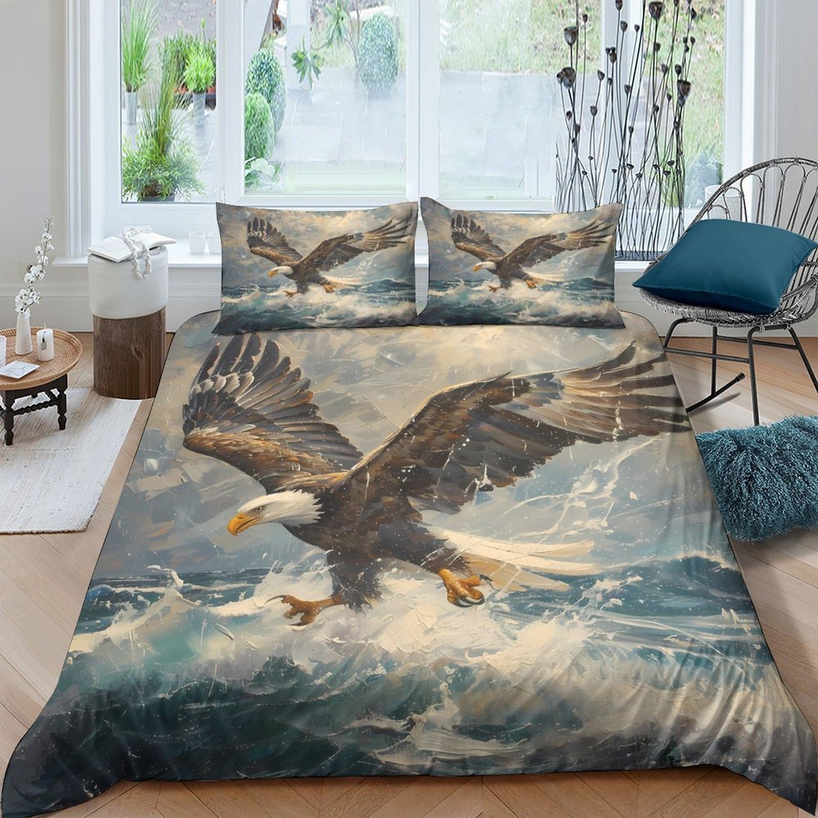 Ctjqhvkz Style-2 3D Printed Eagle Ocean Fitted Sheet Microfiber Soft Breathable Sky Wave Mattress Cover For Bedroom Dorm Decor Single（135X200cm）