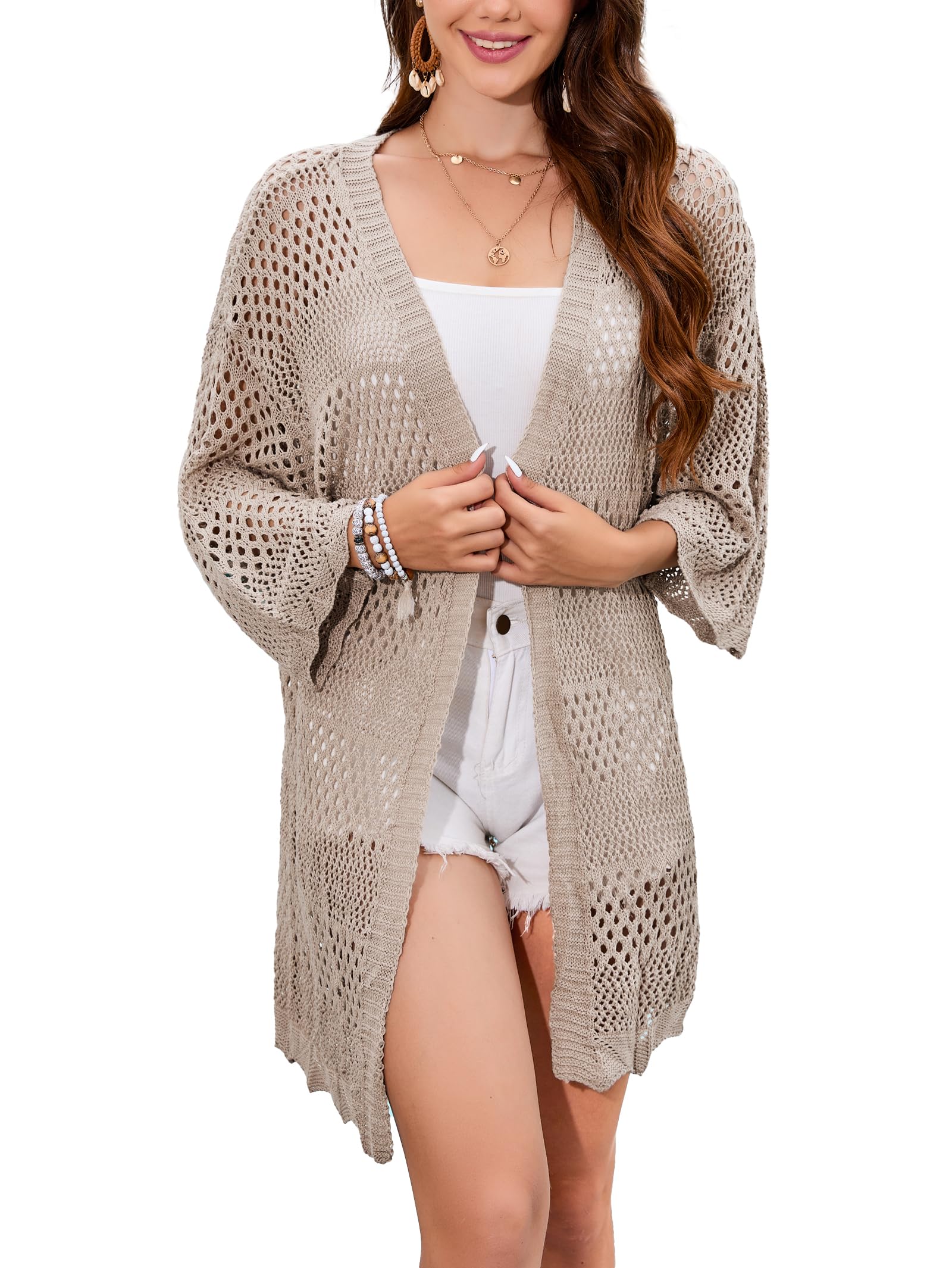 FamulilyWomen's Crochet Cardigan Hollowed Out 3/4 Sleeve Open Front Casual Cardigan Summer Outwear Cover Up