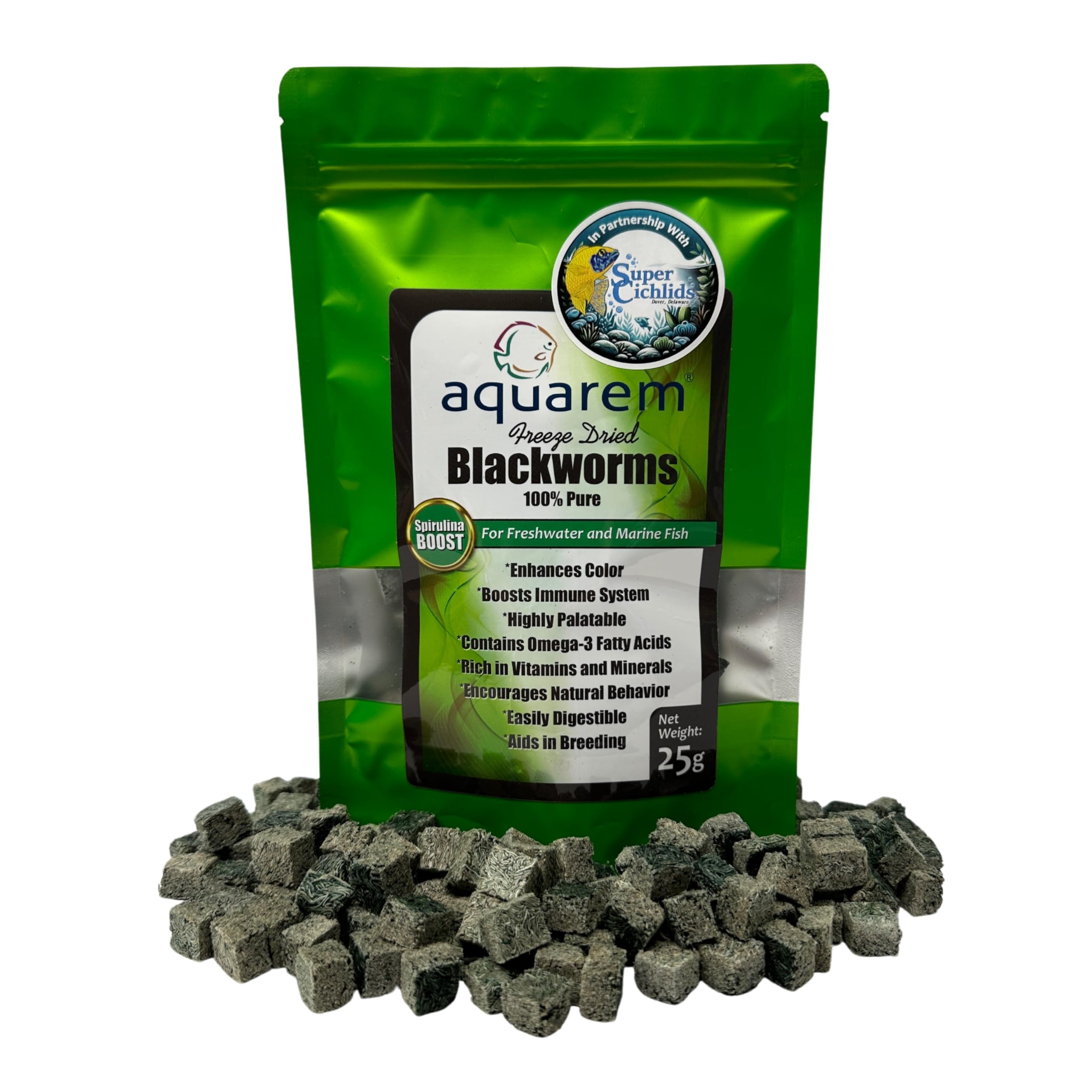 Super Cichlids Alimenti Per Pesci Naturali Ad Alto Contenuto Proteico Di Alta Qualità Liofilizzati Con Spirulina Boost, 25 G, Per Ciclidi Vivaci E Pesci Tropicali